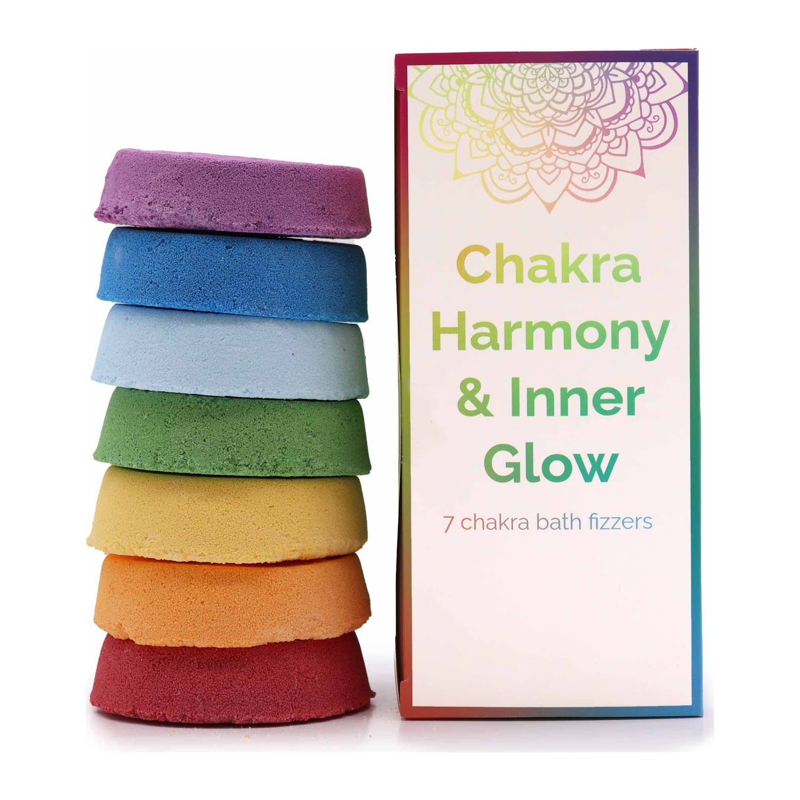 Gift box with a mandala pattern holding chakra-coloured bath fizzers