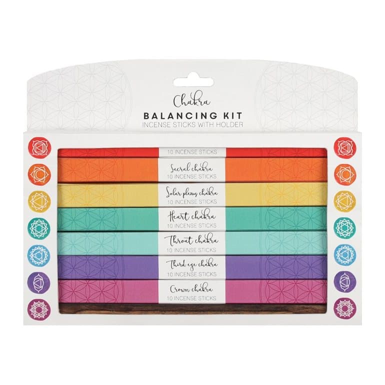 Picture gift box of seven chakra incense packs with a wooden holder