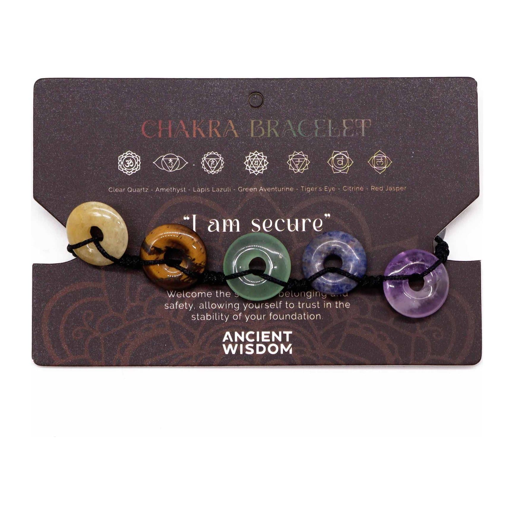 Chakra string bracelet with gemstones on an affirmation header card
