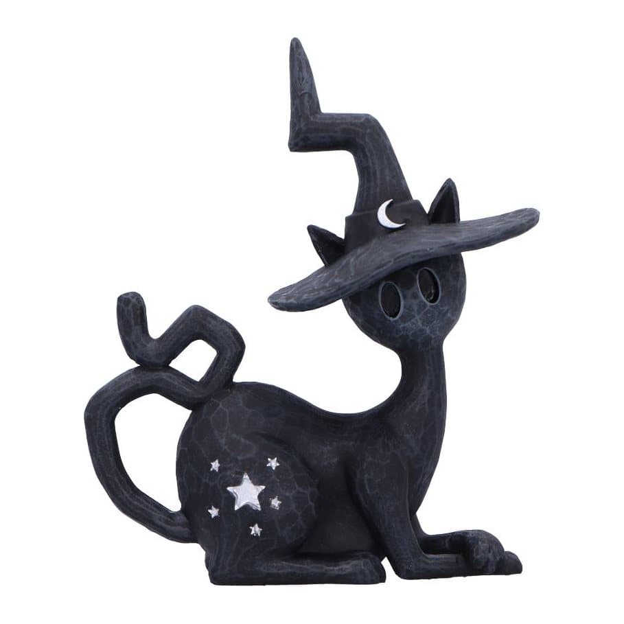 Black cat figurine seated in a crooked witch's hat with silver accents