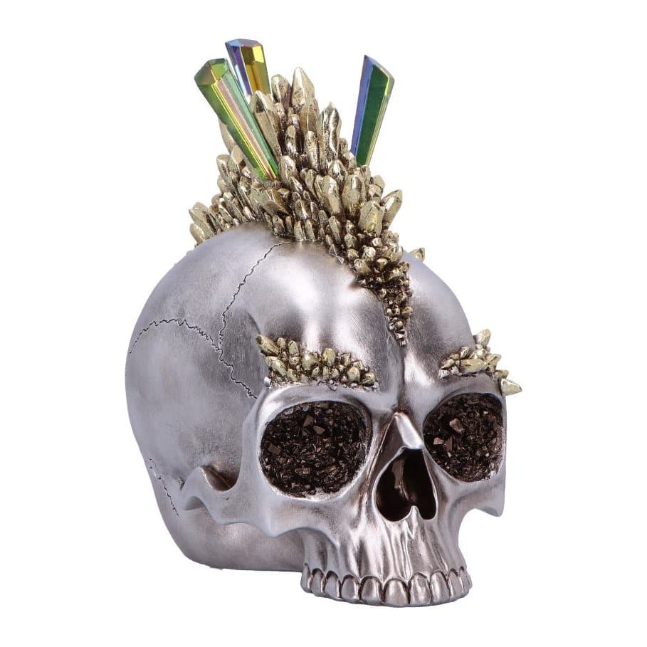 Chromatic crystal skull with a crystal shard mohawk and chrome-like finish