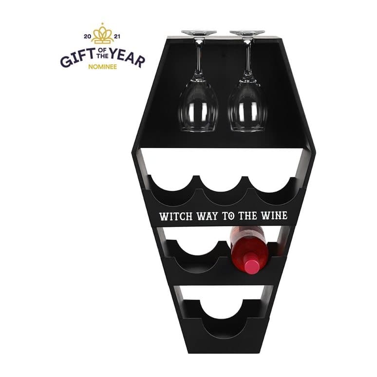 Coffin shaped wine shelf with Witch way to the wine text