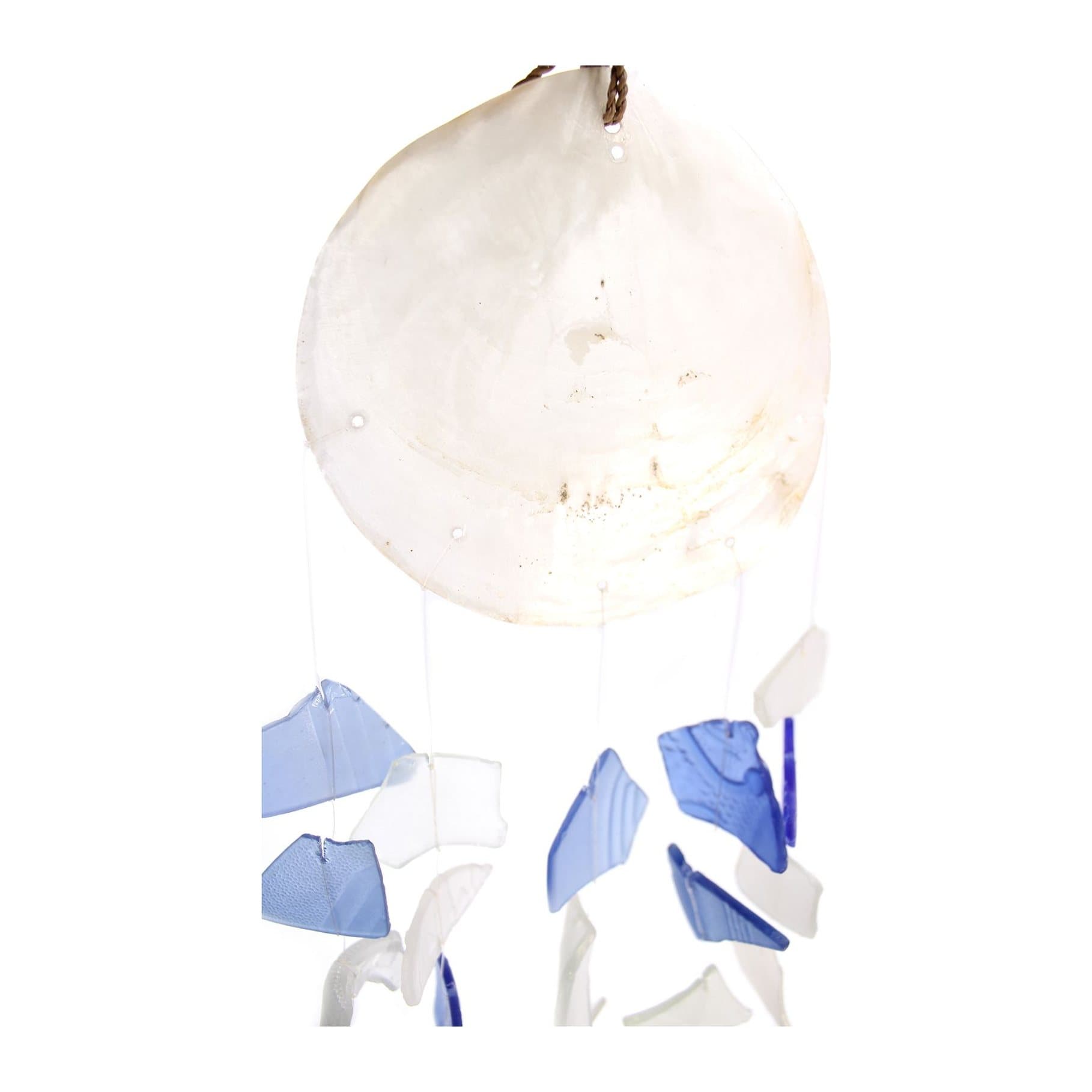 Wood and glass wind chime in blue and white or green and white glass