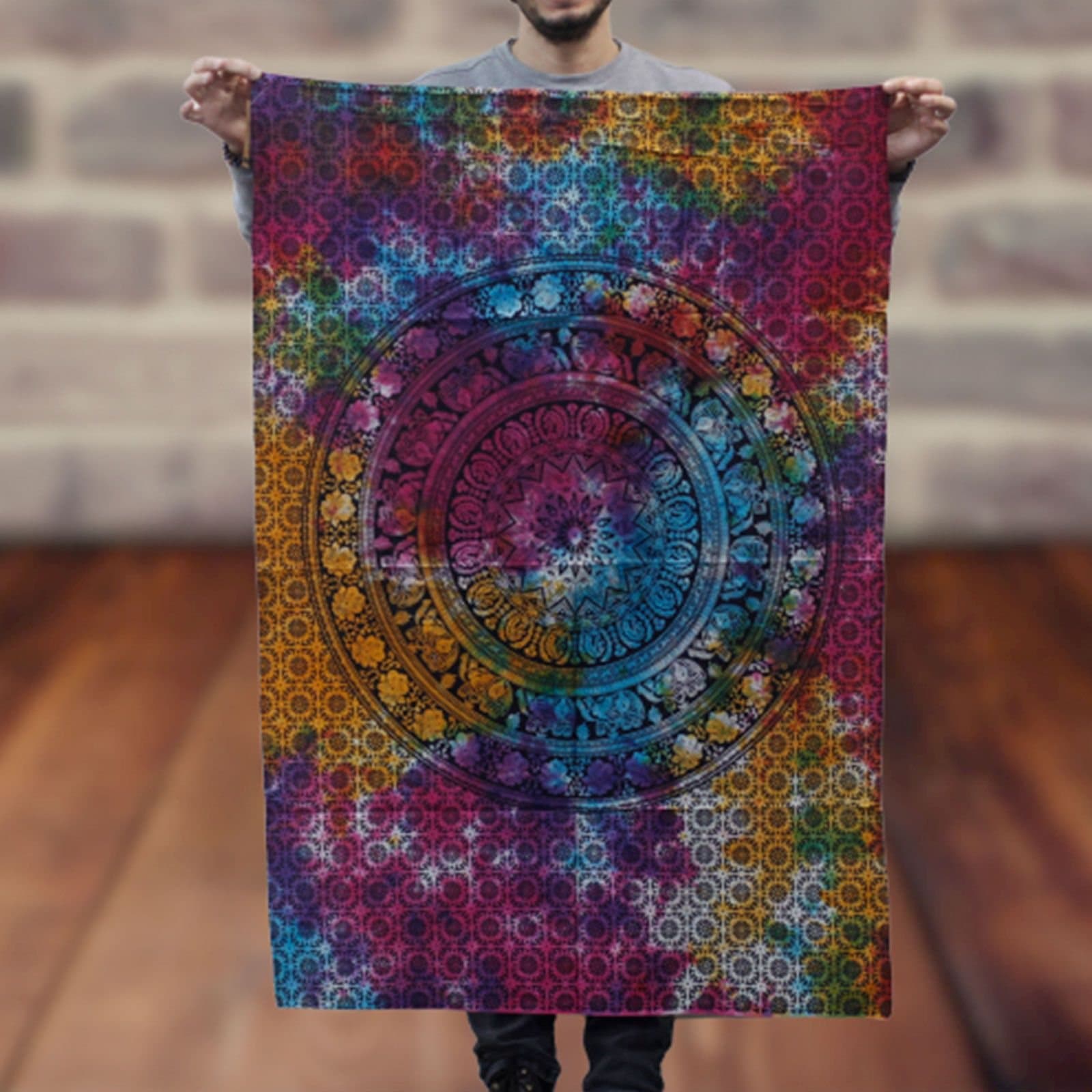 Colourful mandala wall hanging with a ring of small elephant motifs