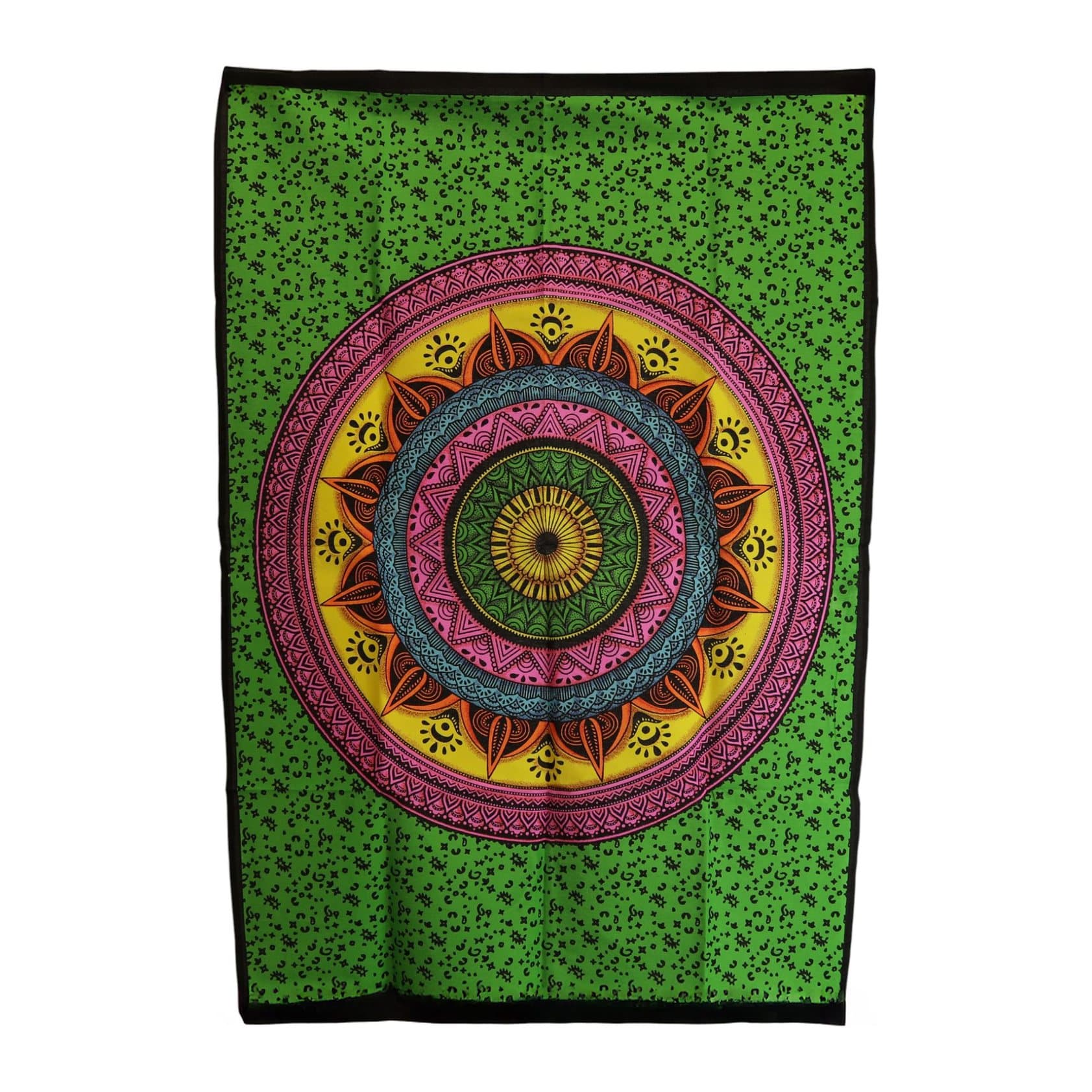 Colourful cotton wall hanging with a layered mandala in green, pink, yellow and orange