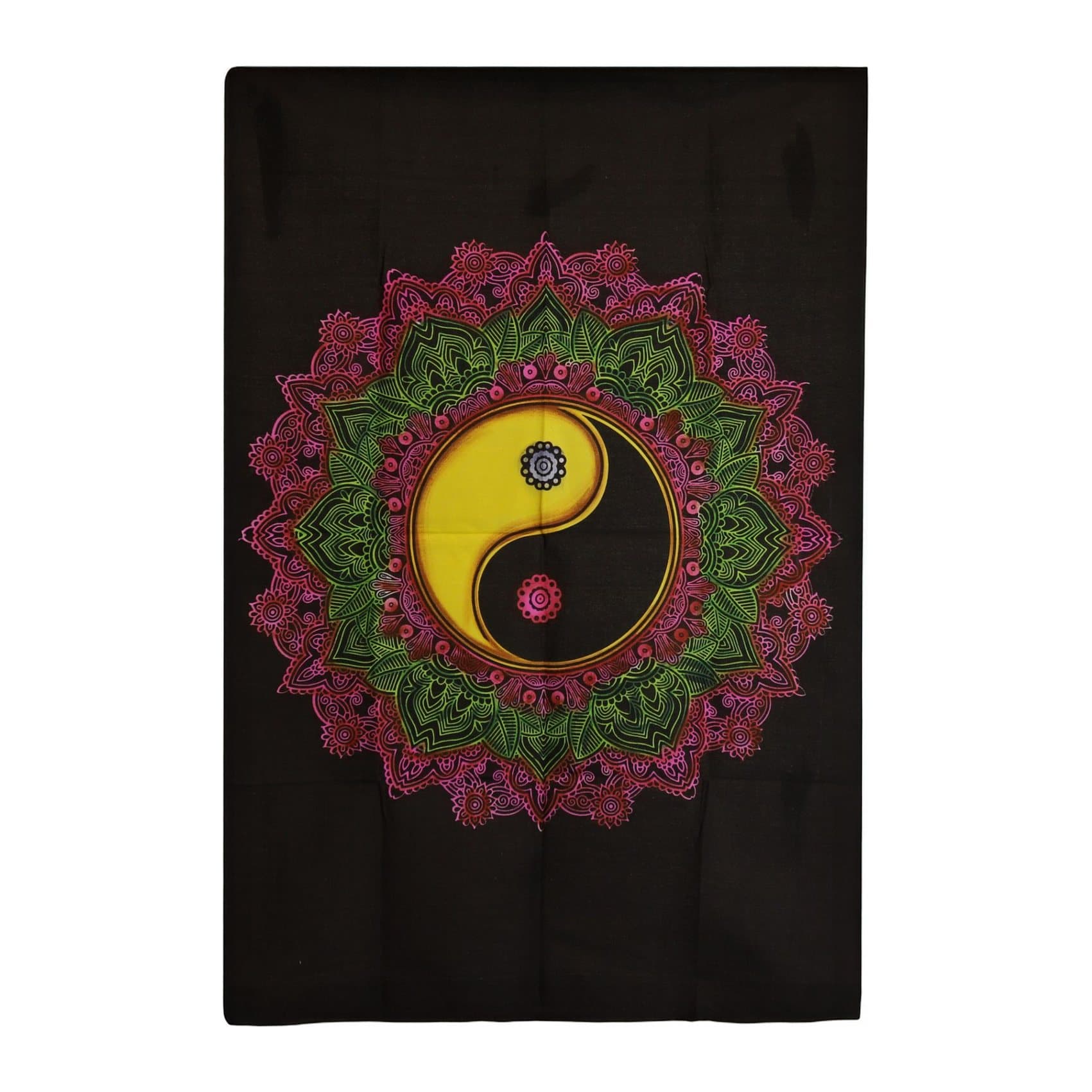 Black cotton wall hanging with a yin yang mandala in pink, green and yellow