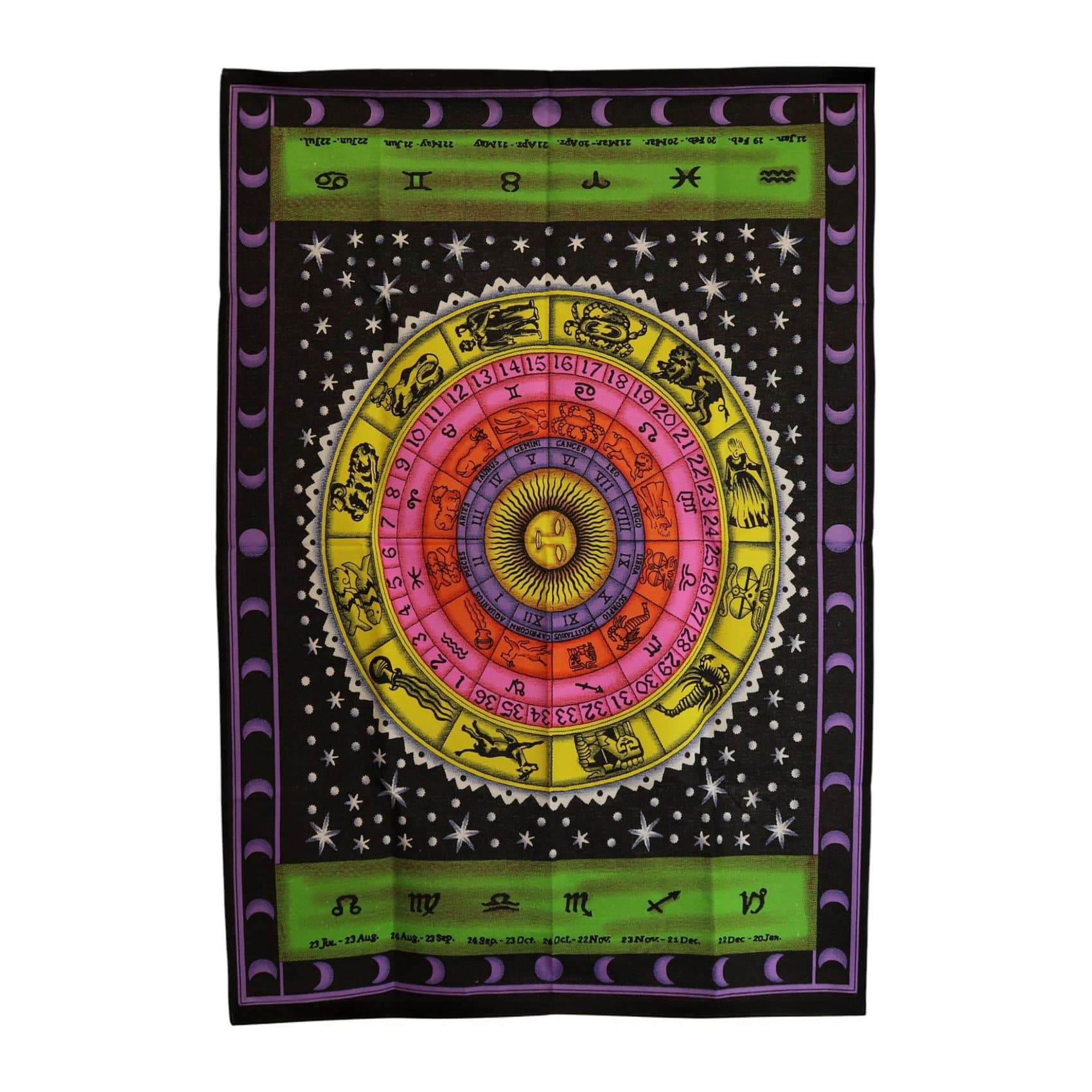 Colourful cotton wall hanging with a zodiac wheel, stars and lunar phases