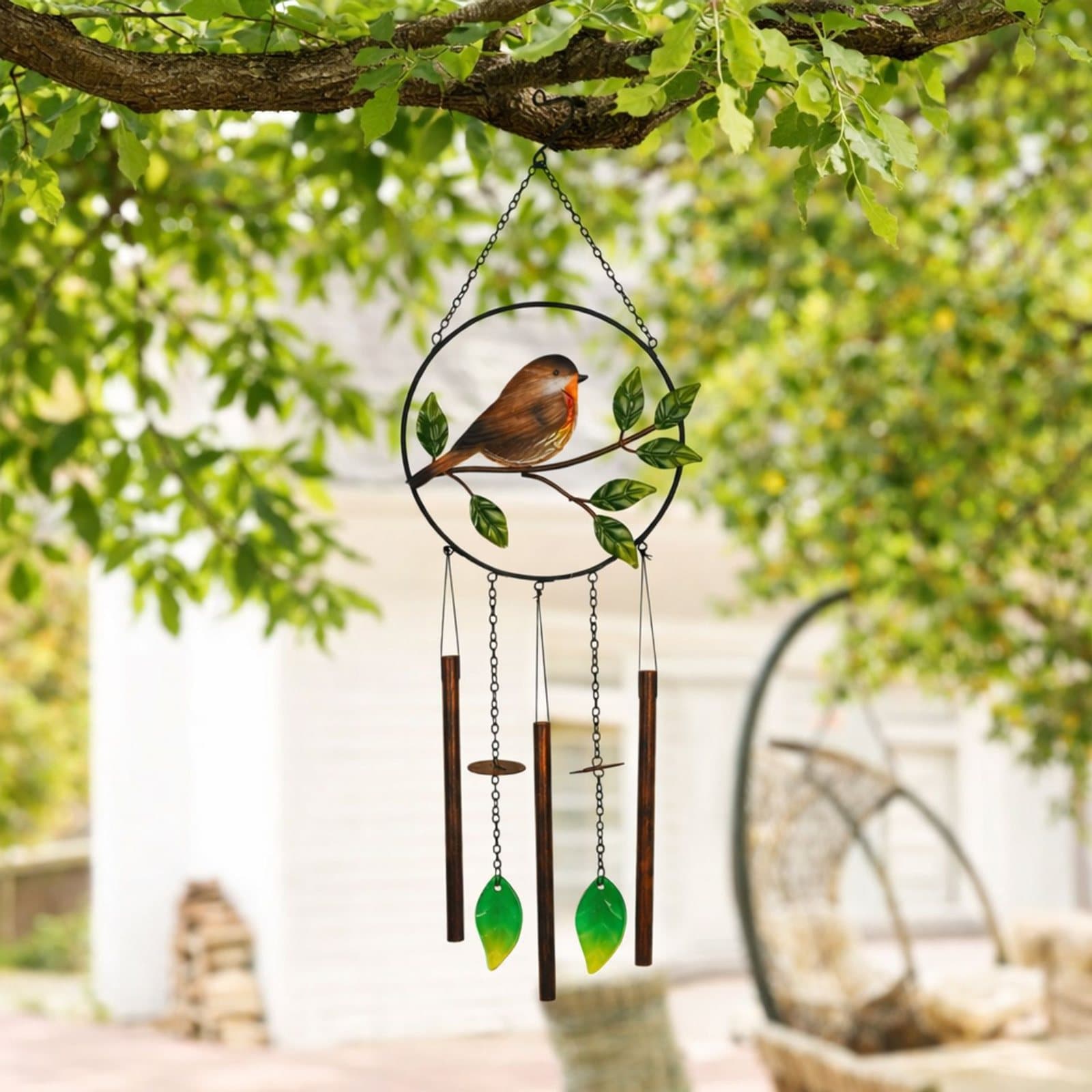 Robin wind chime with a robin perched on a branch and hanging chimes