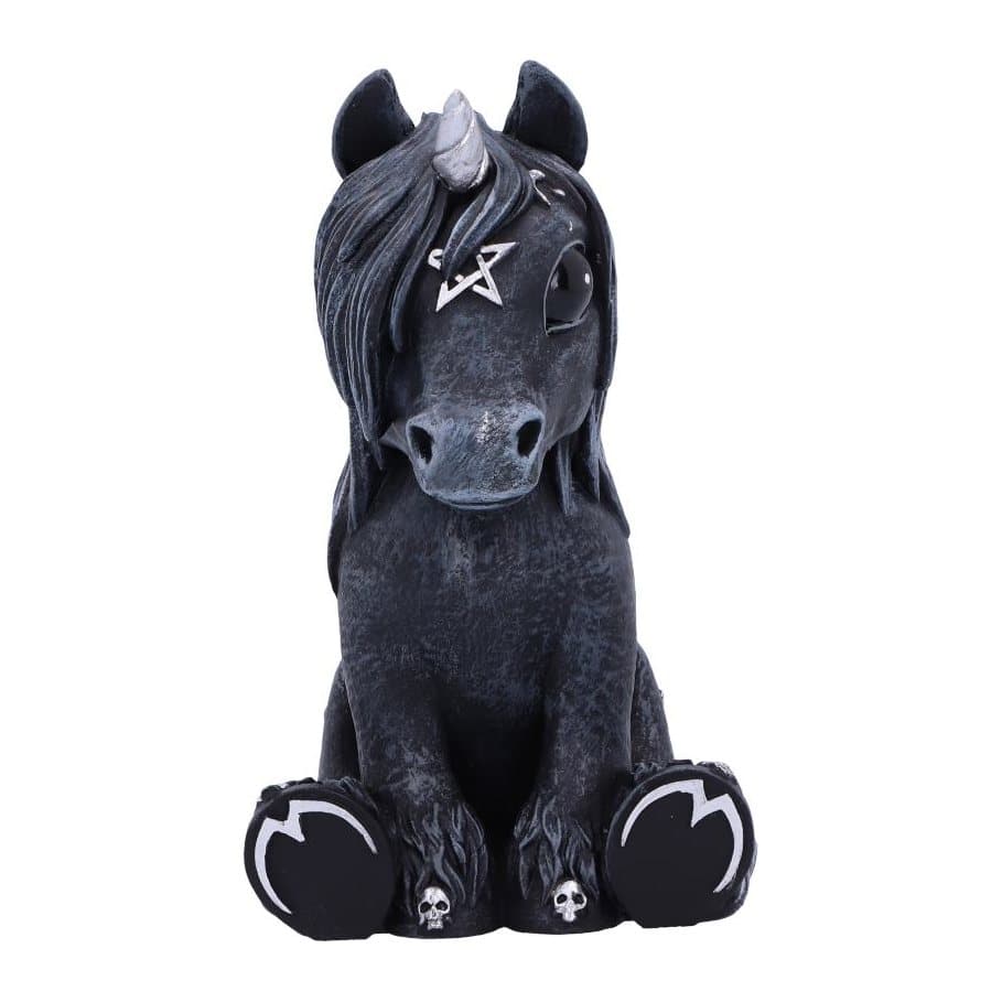 Black gothic unicorn figurine with silver pentagram and occult details