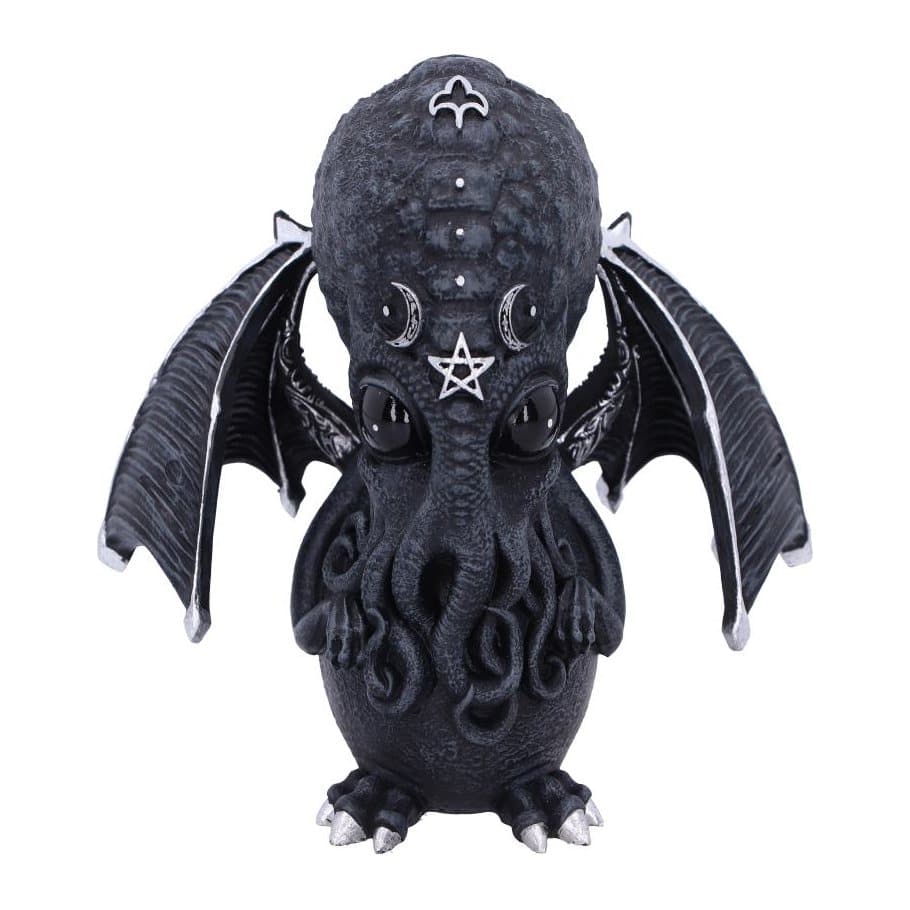 Small resin Cthulhu figurine with bat wings, black eyes and silver details
