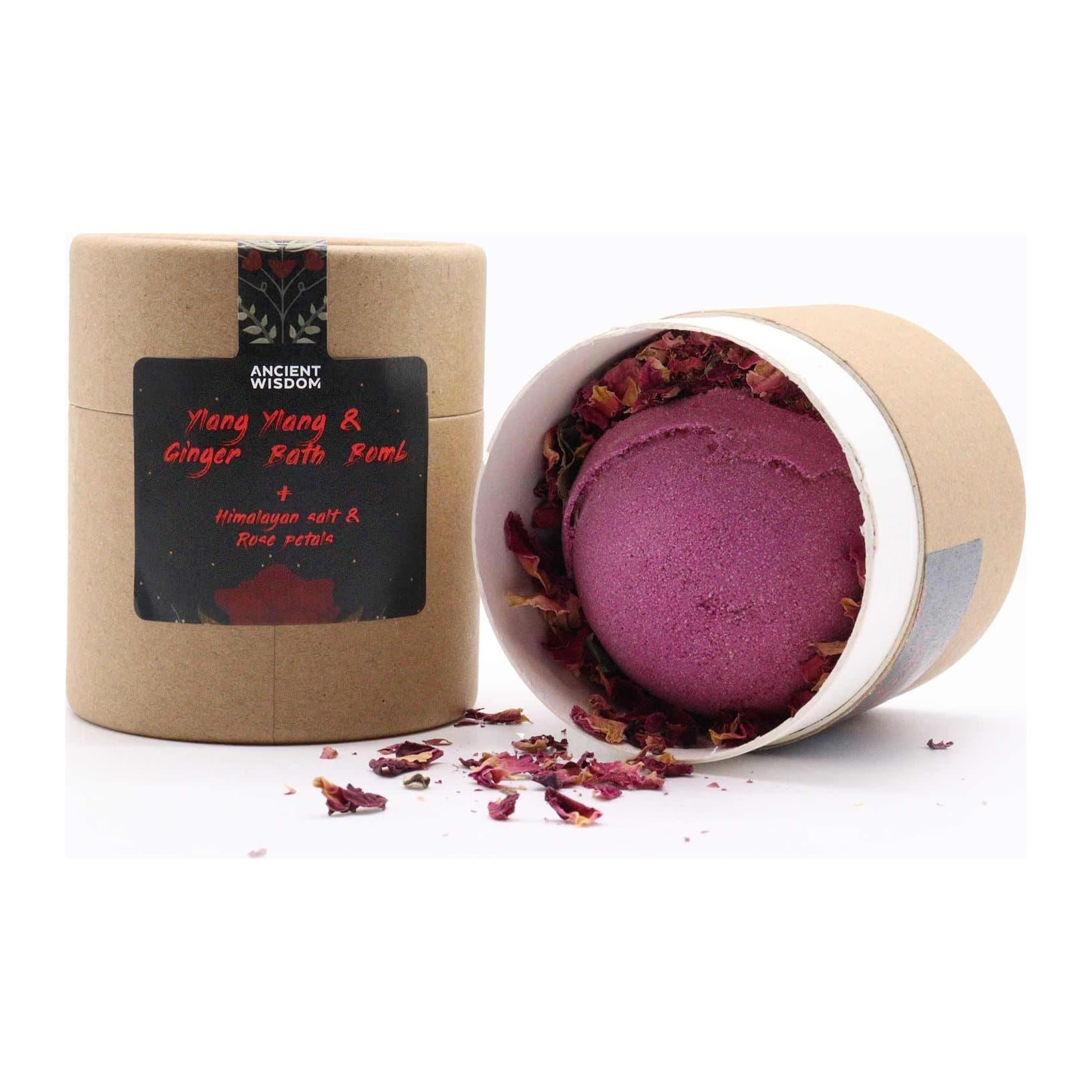 Handmade bath bomb, Himalayan bath salt and petals beside a cardboard tube