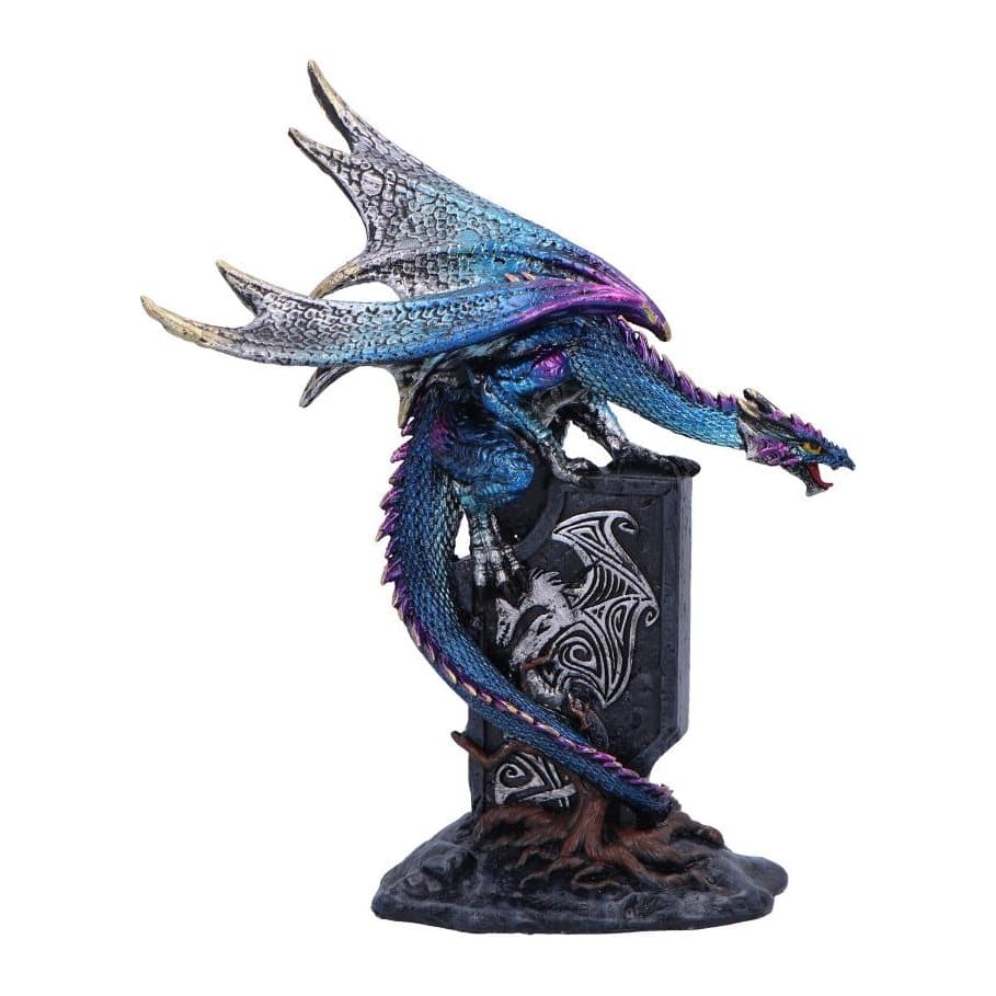 Blue dragon figurine on a gravestone with a silver dragon rune and tree roots