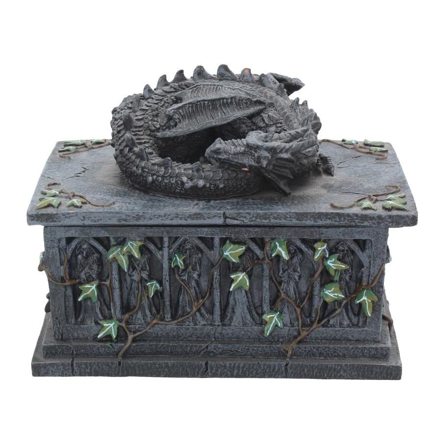 Resin tarot card box with a black dragon asleep on a carved altar with ivy