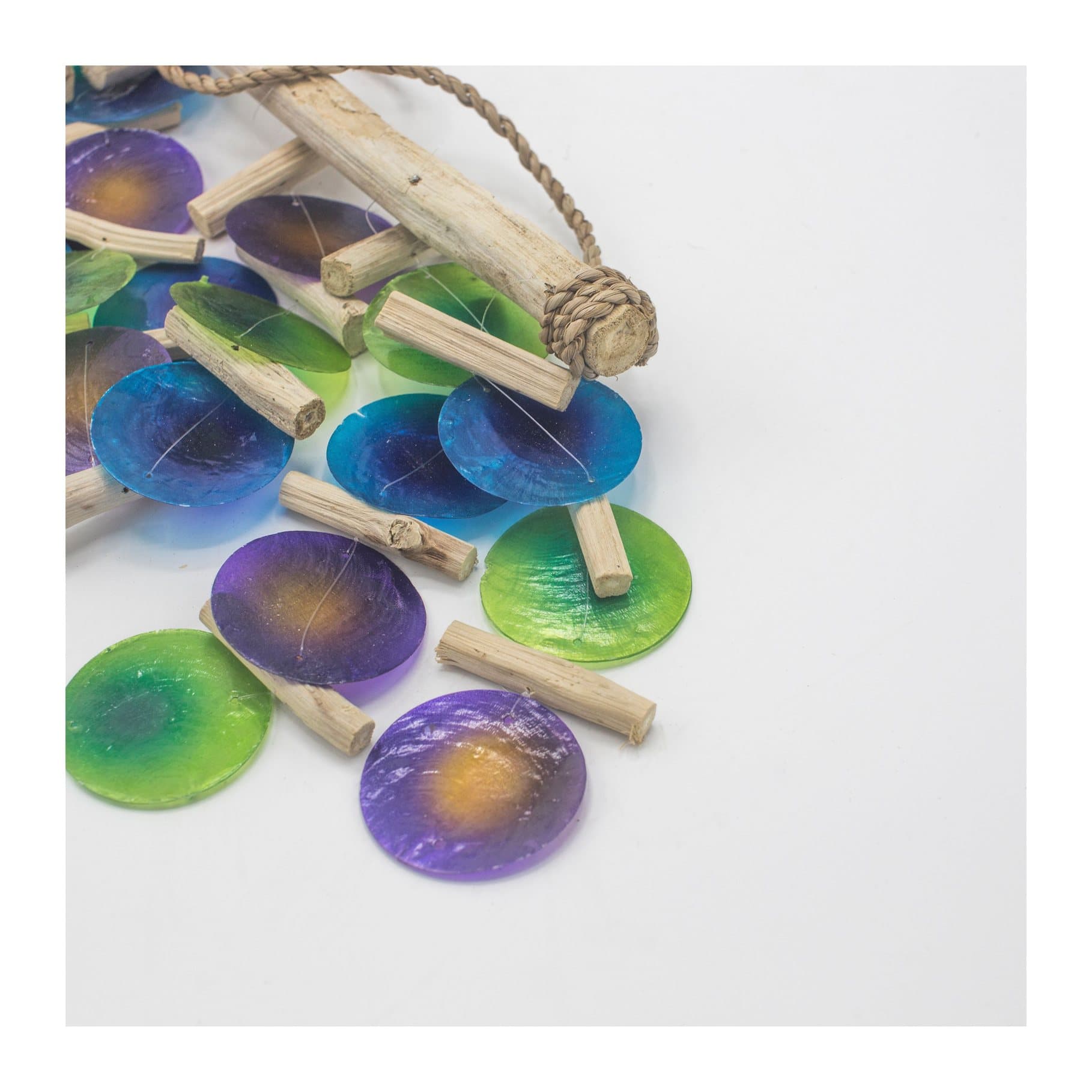 Handmade driftwood and Capiz wind chime in blue