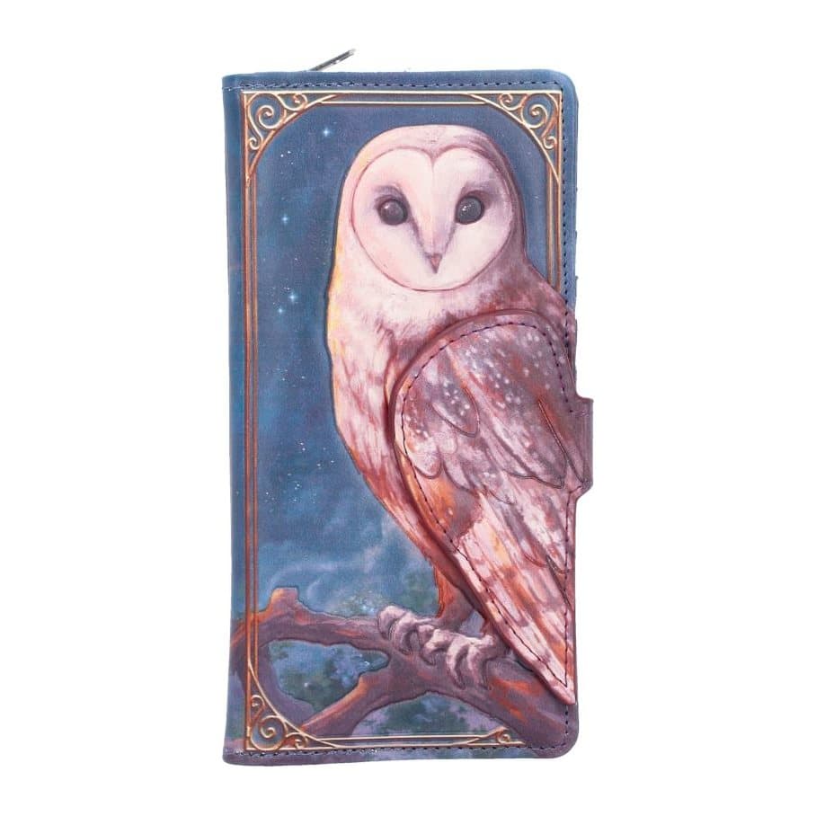 Embossed purse with a white owl on a branch and a full moon on the reverse