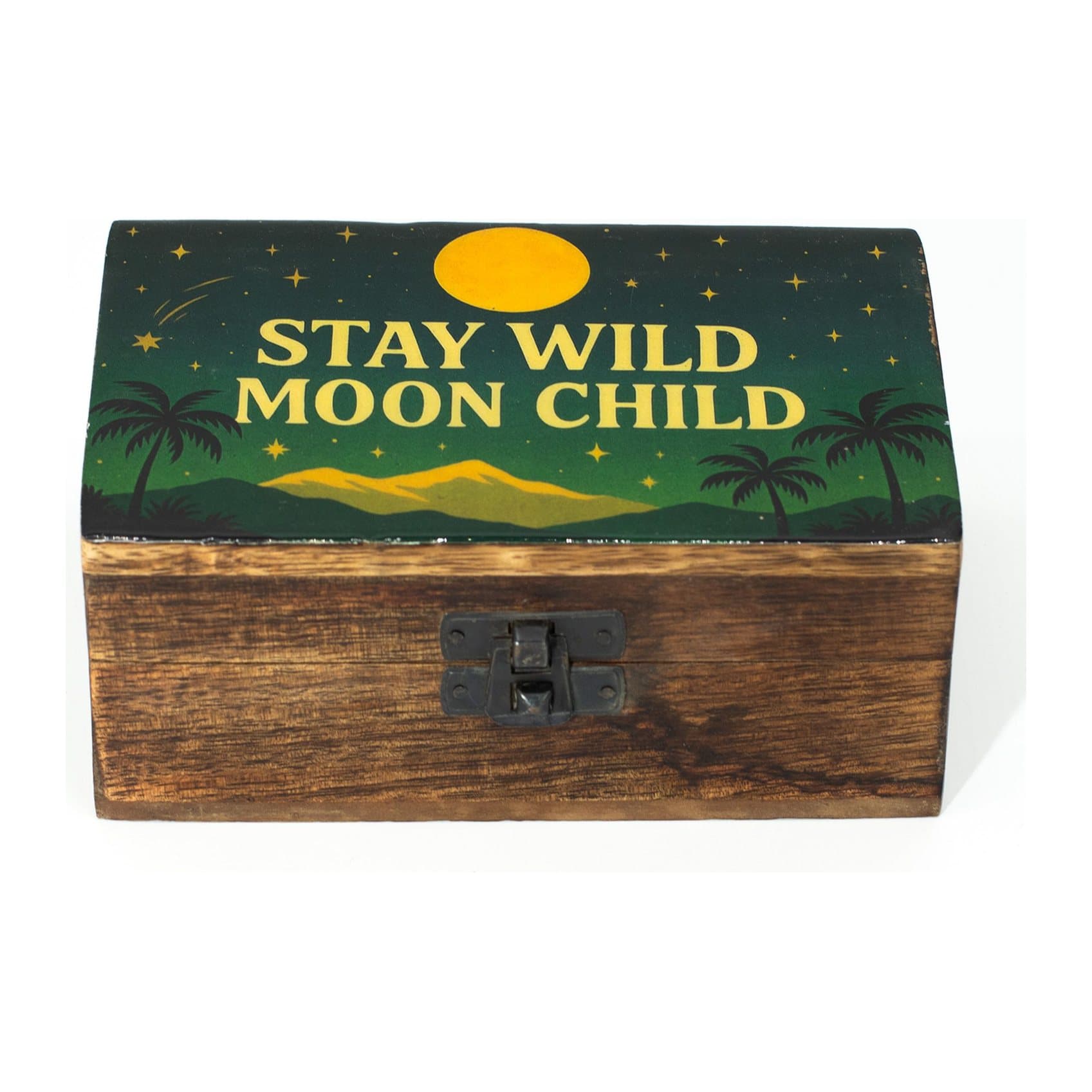 Wooden keepsake box with an enamelled moonlit design on the lid