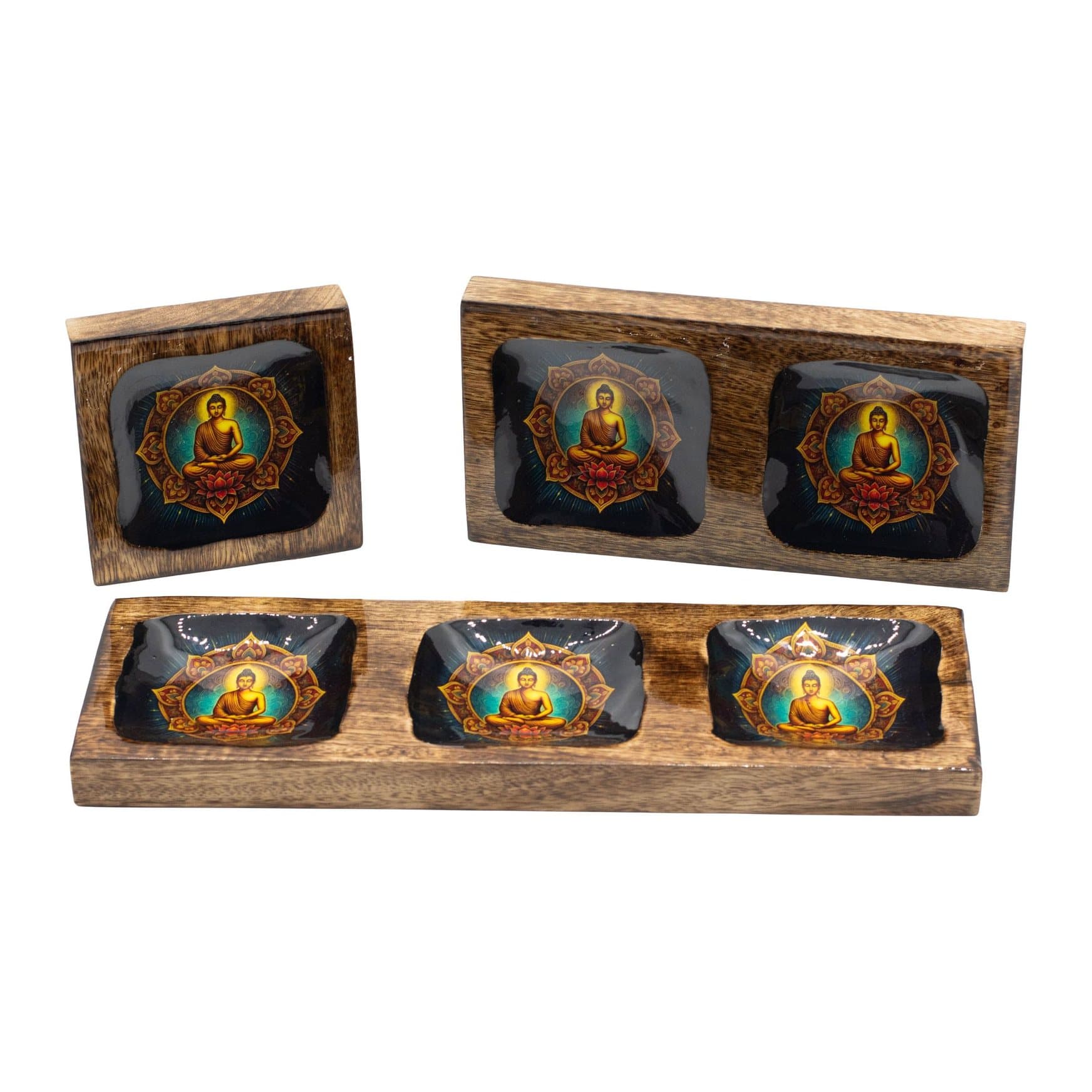 Three mango wood trays with enamelled Buddha and golden mandala inlays