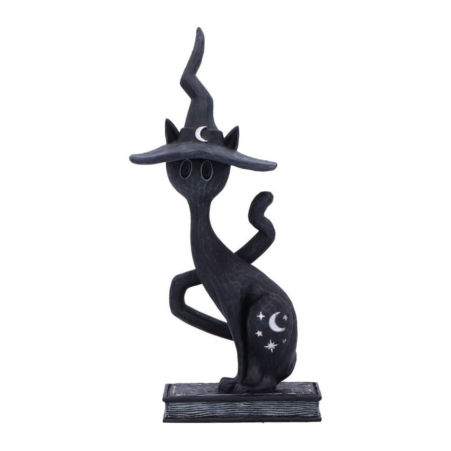 Black cat figurine in a witch's hat on a spell book base