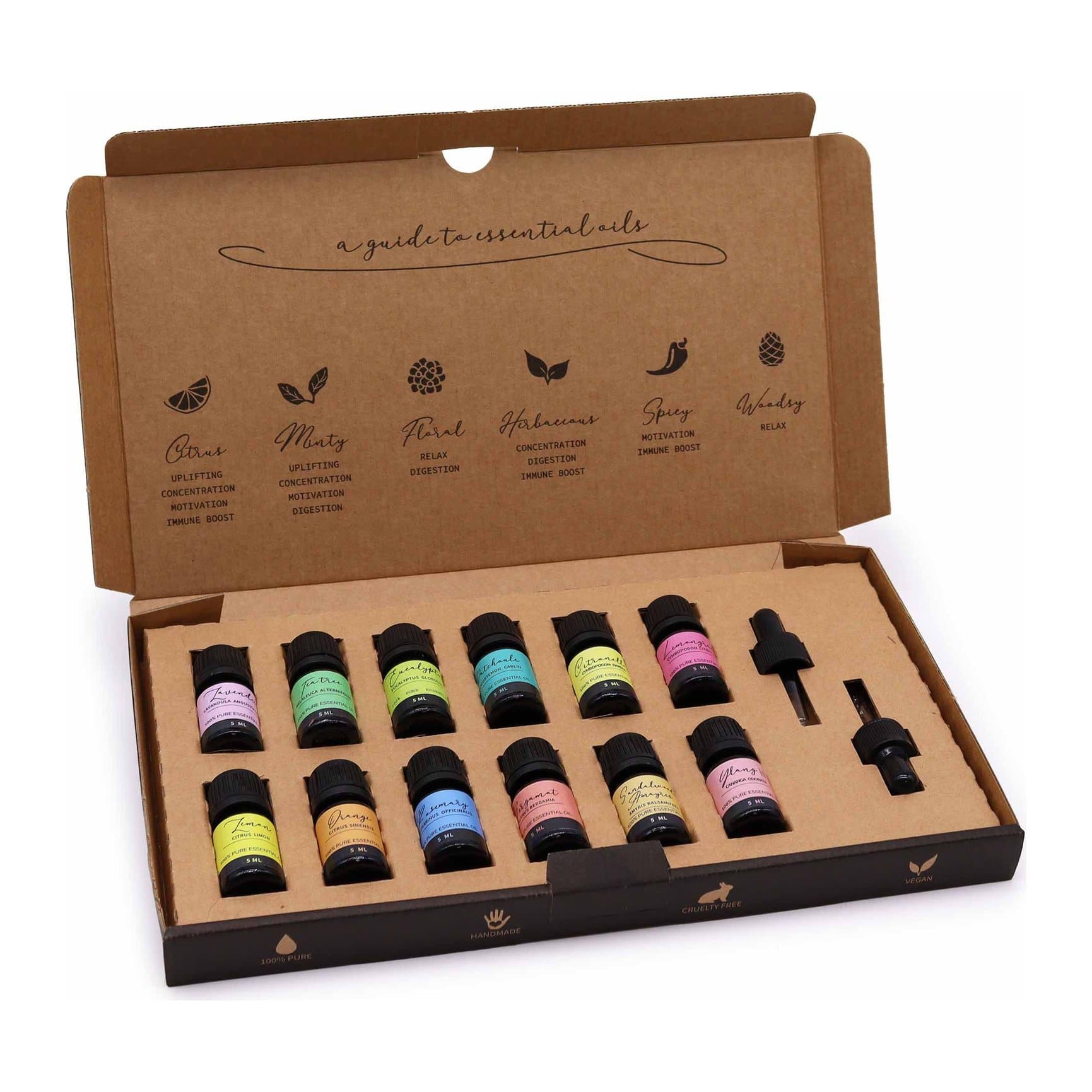 Set of twelve 5ml essential oil bottles with two droppers