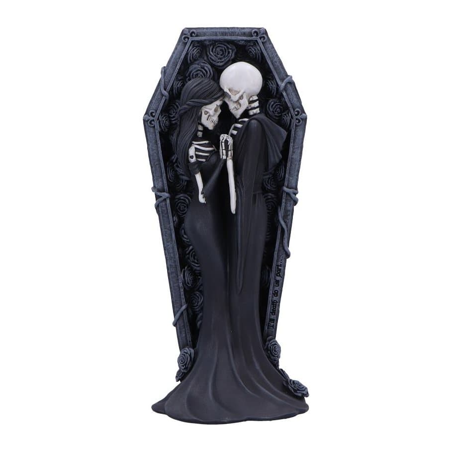 Two skeletons embracing in a coffin figurine