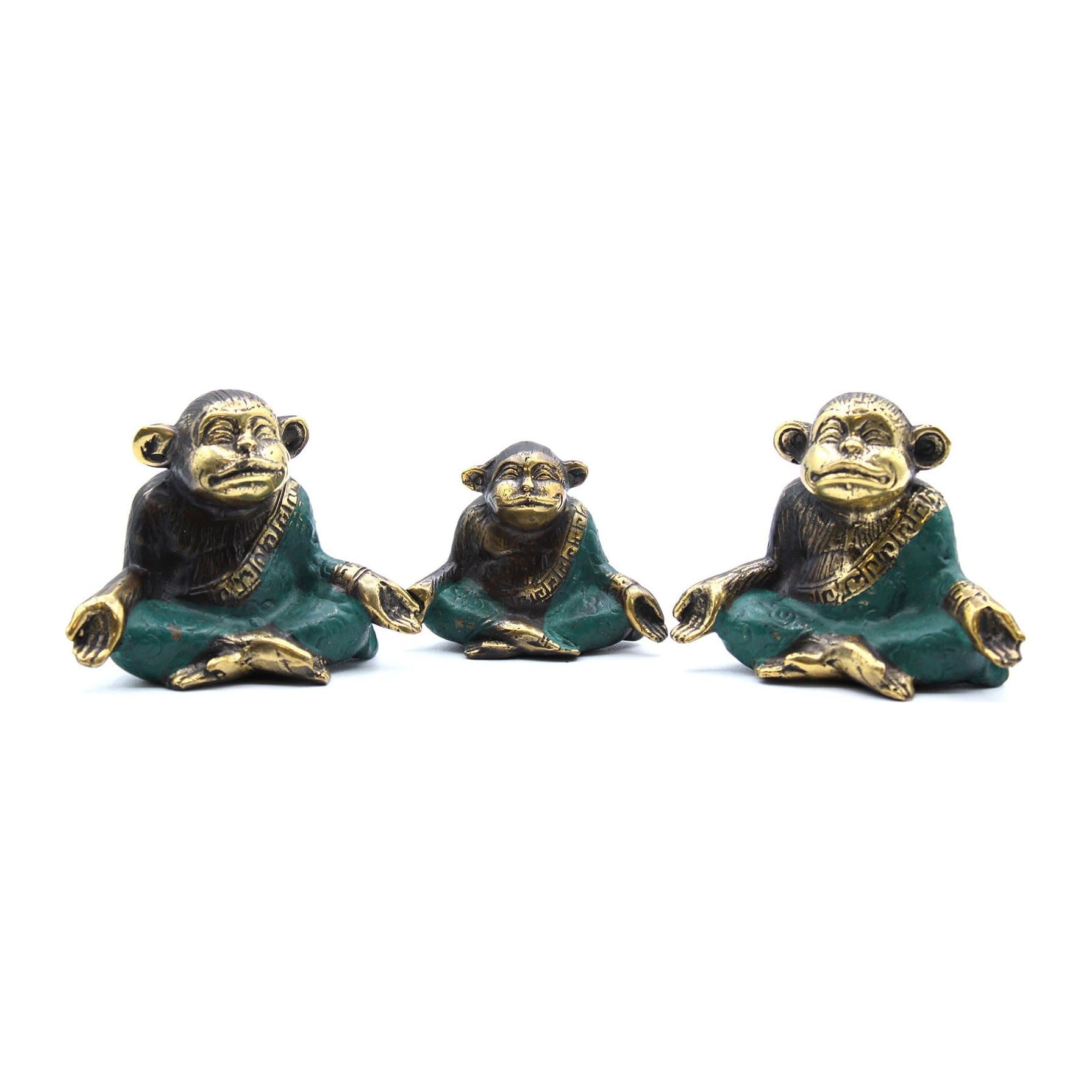 Set of three handmade brass yoga monkeys in assorted sizes