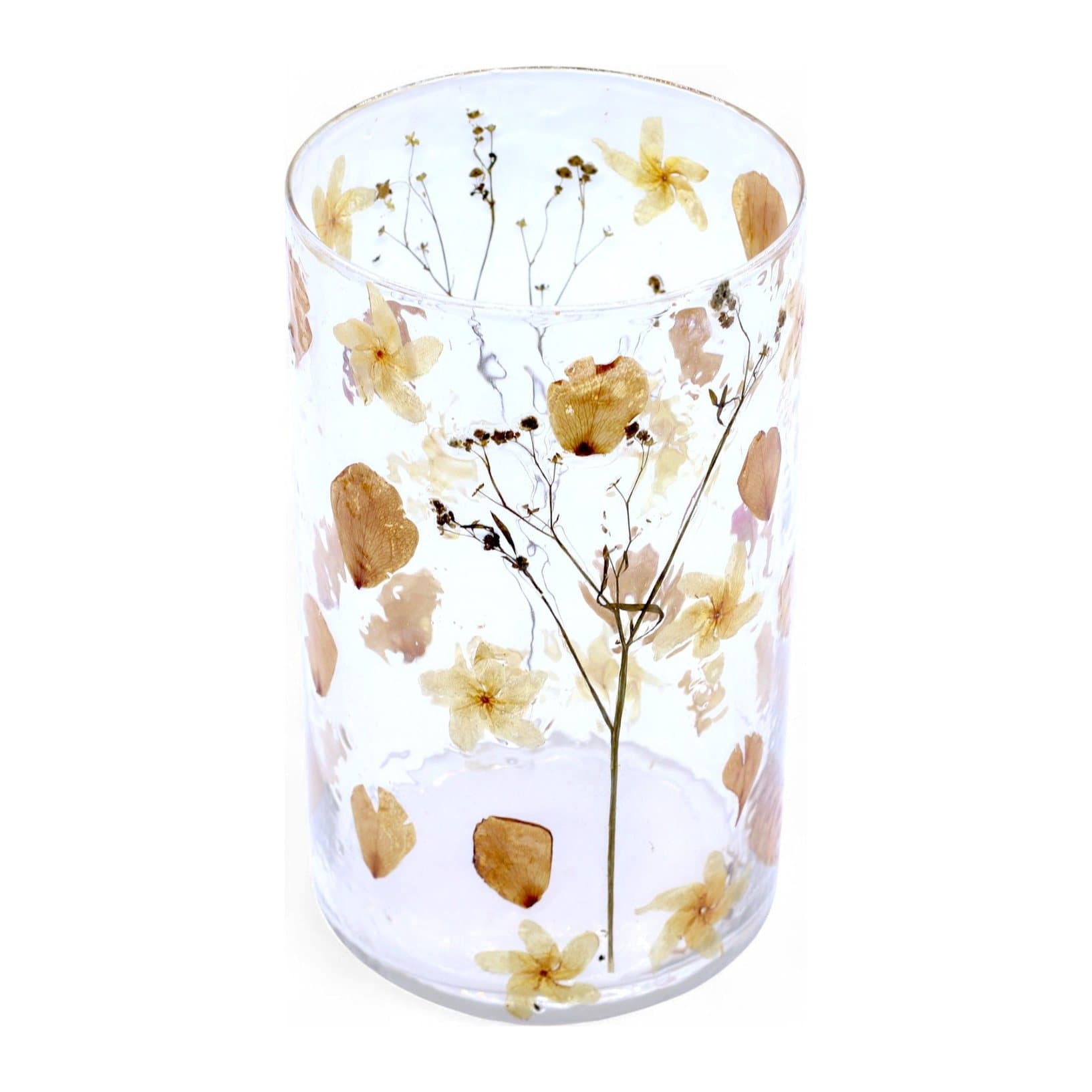 Tall clear glass candle holder with dried flowers embedded in the glass