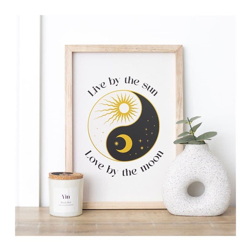 Framed celestial yin and yang print with sun and moon wording