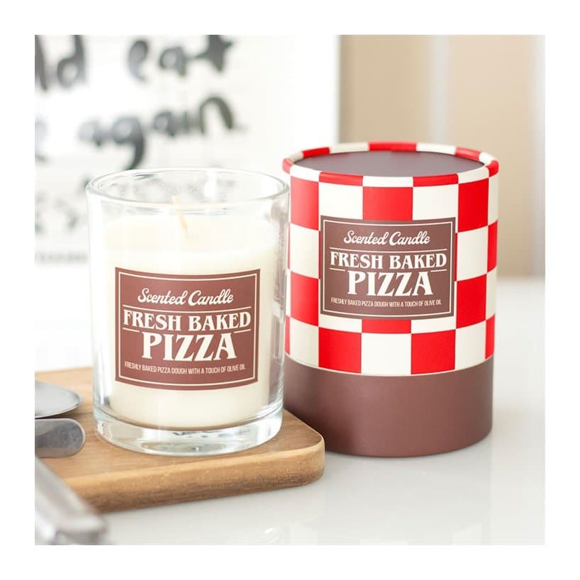 Fresh baked pizza scented candle in colour cardboard box