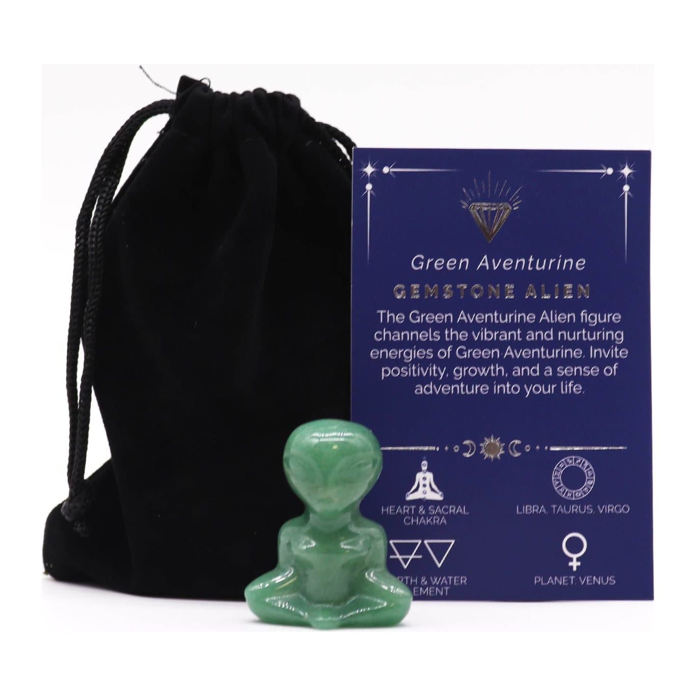 Small gemstone alien and Lucky Elephant figures in different stones