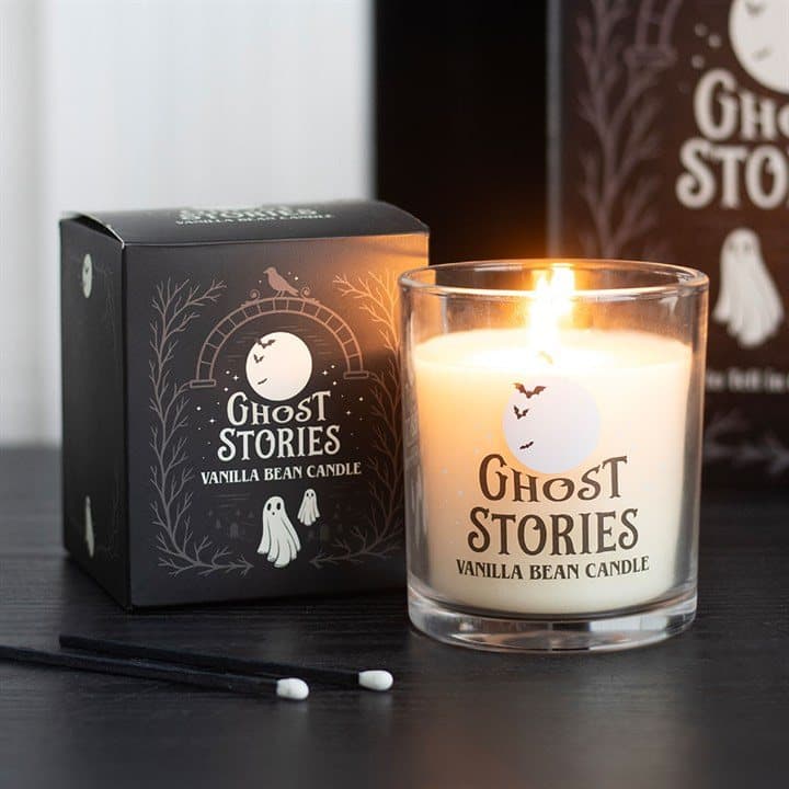 Vanilla bean scented ghost stories candle in a glass container
