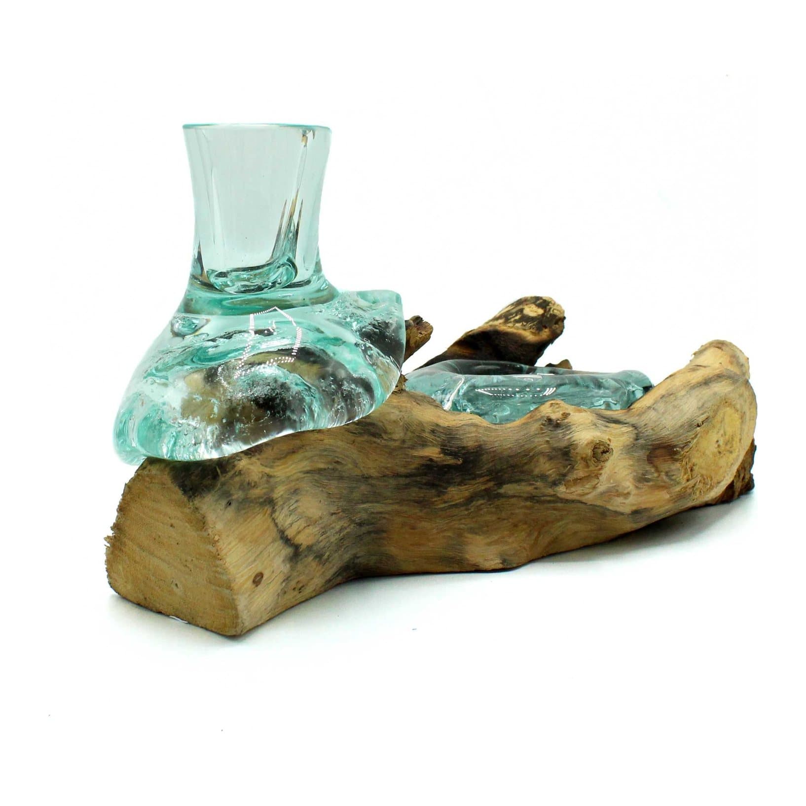 Molten glass candle holder on a Gamal wood base