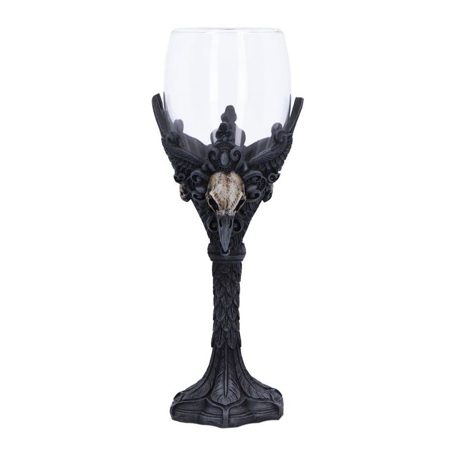Matte black resin goblet with a raven skull and gothic motifs