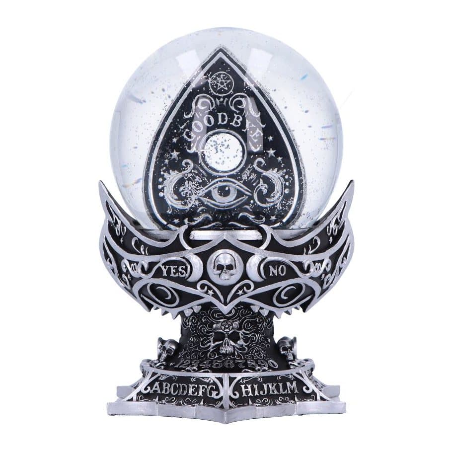 Snow globe with a black planchette on a gothic base with silver detailing