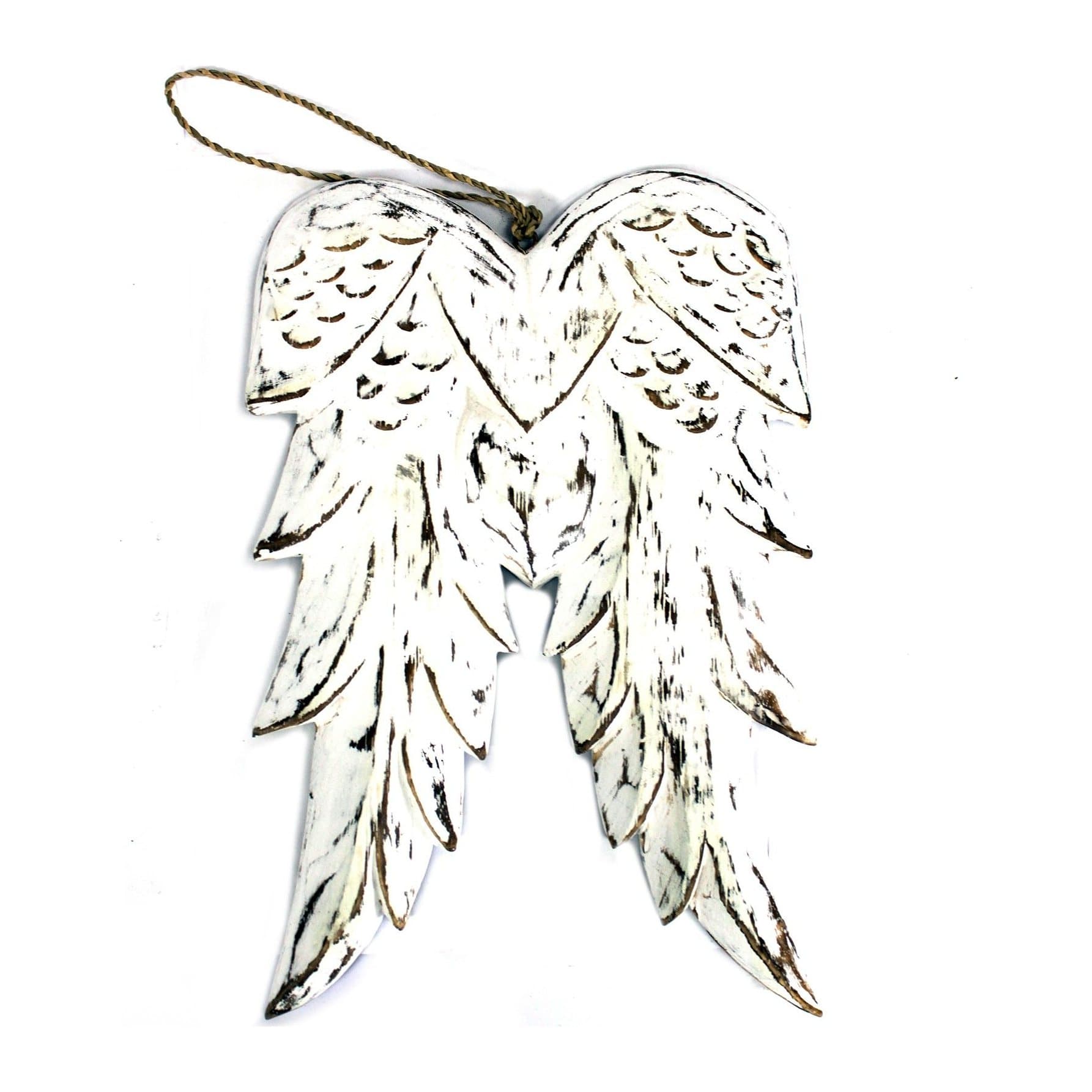 White washed distressed wooden angel wings, one style with a heart