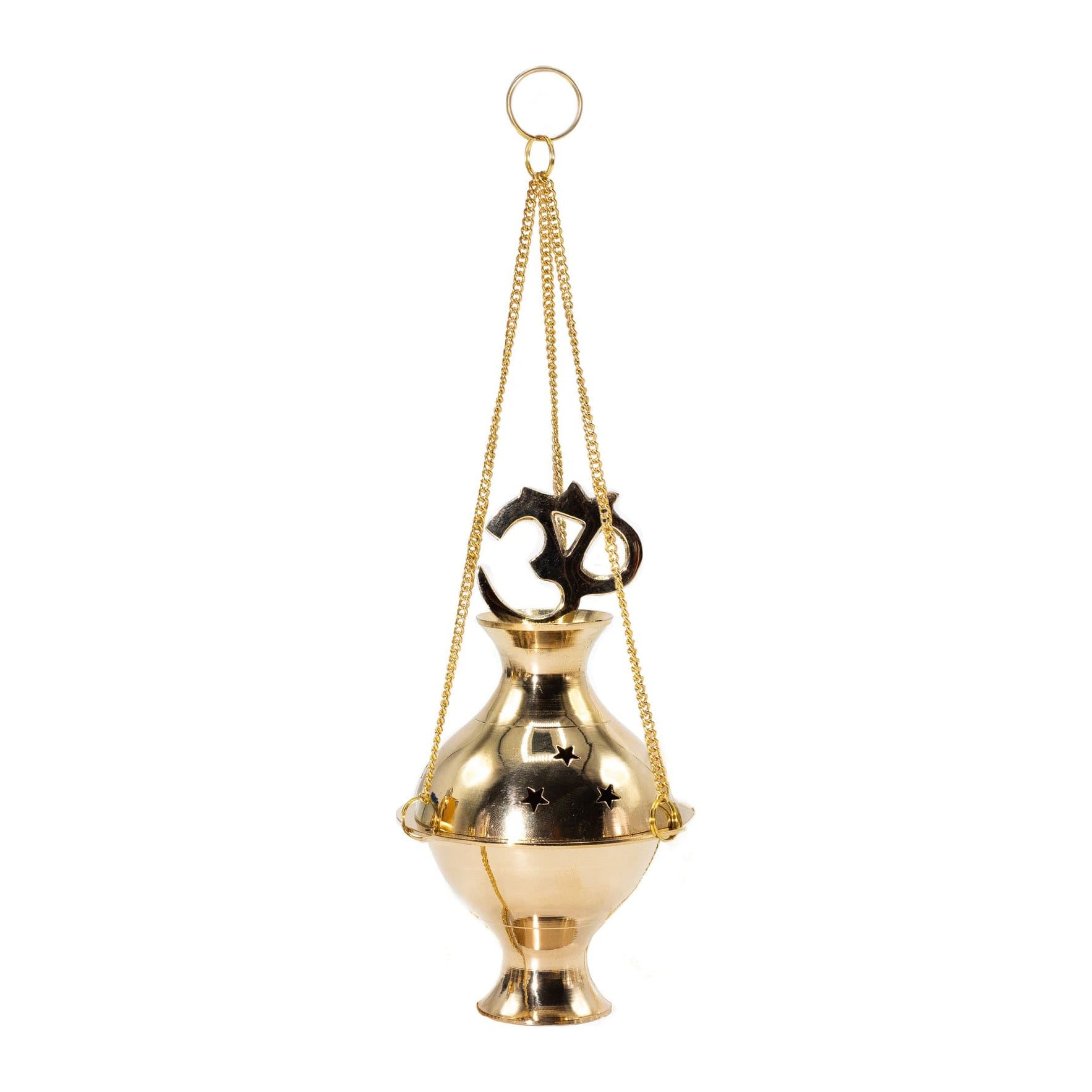Polished brass hanging incense burner with Om symbol on three golden chains