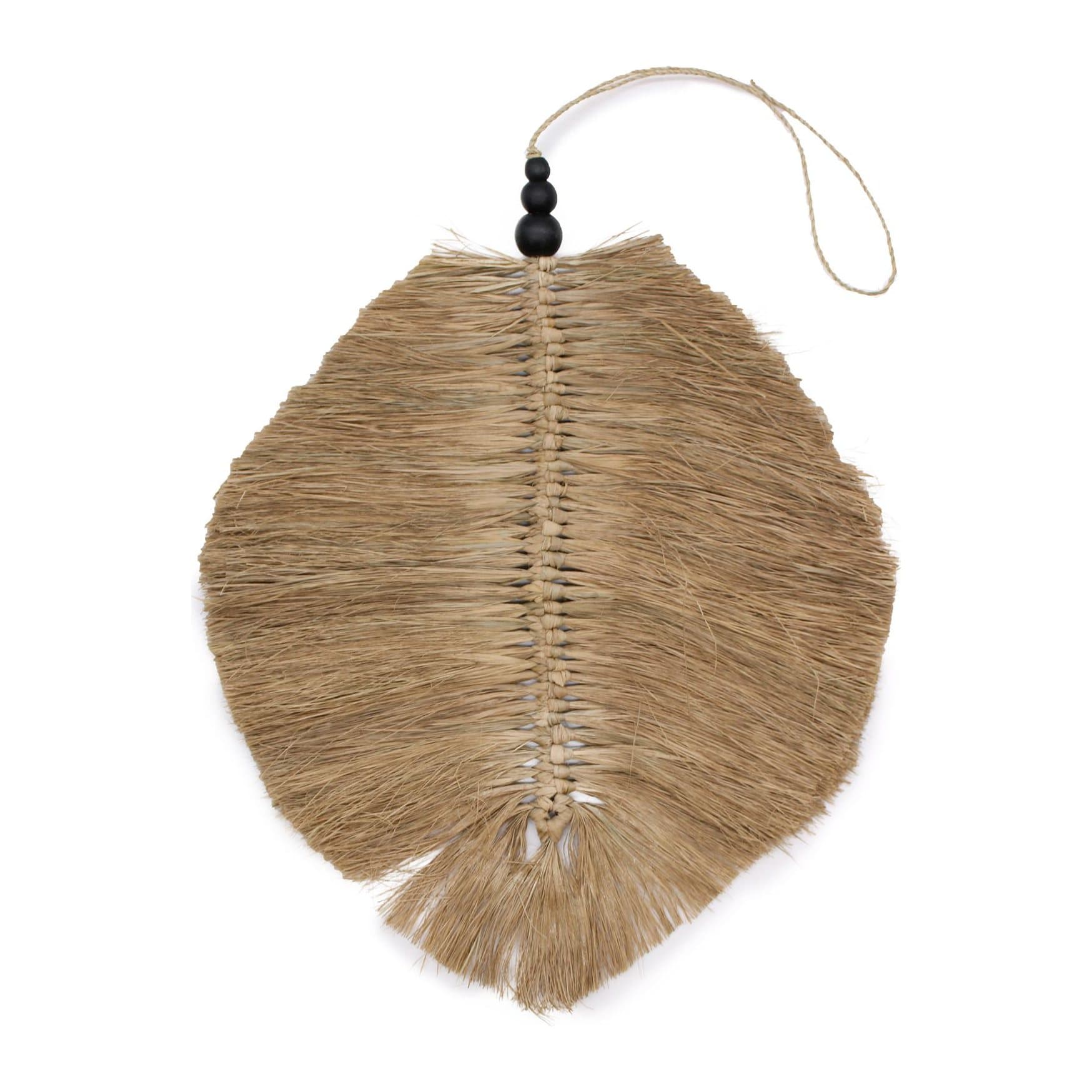 Hanging raffia leaf wall decor with pinewood beads