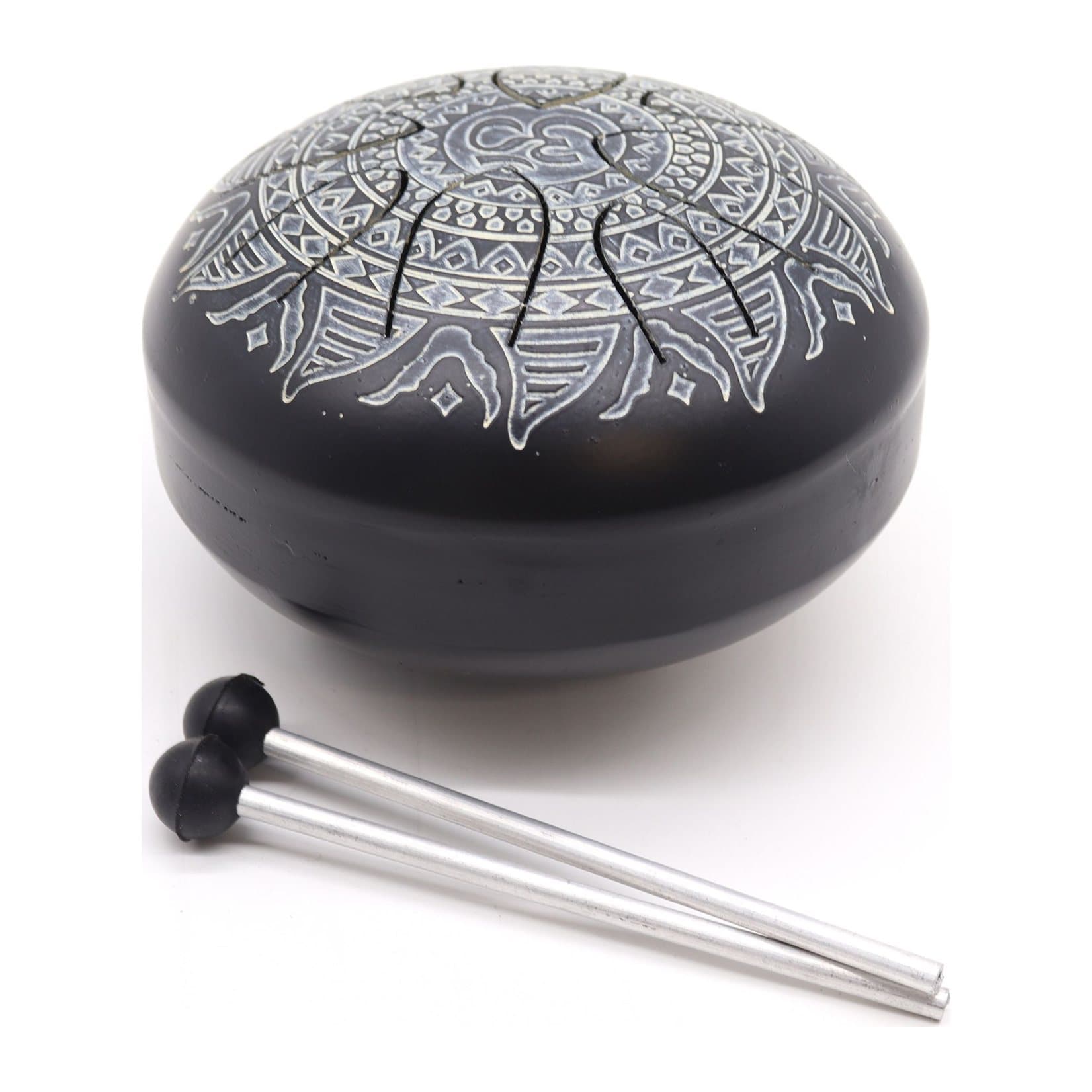 Steel tongue drum with an engraved mandala design, with mallets
