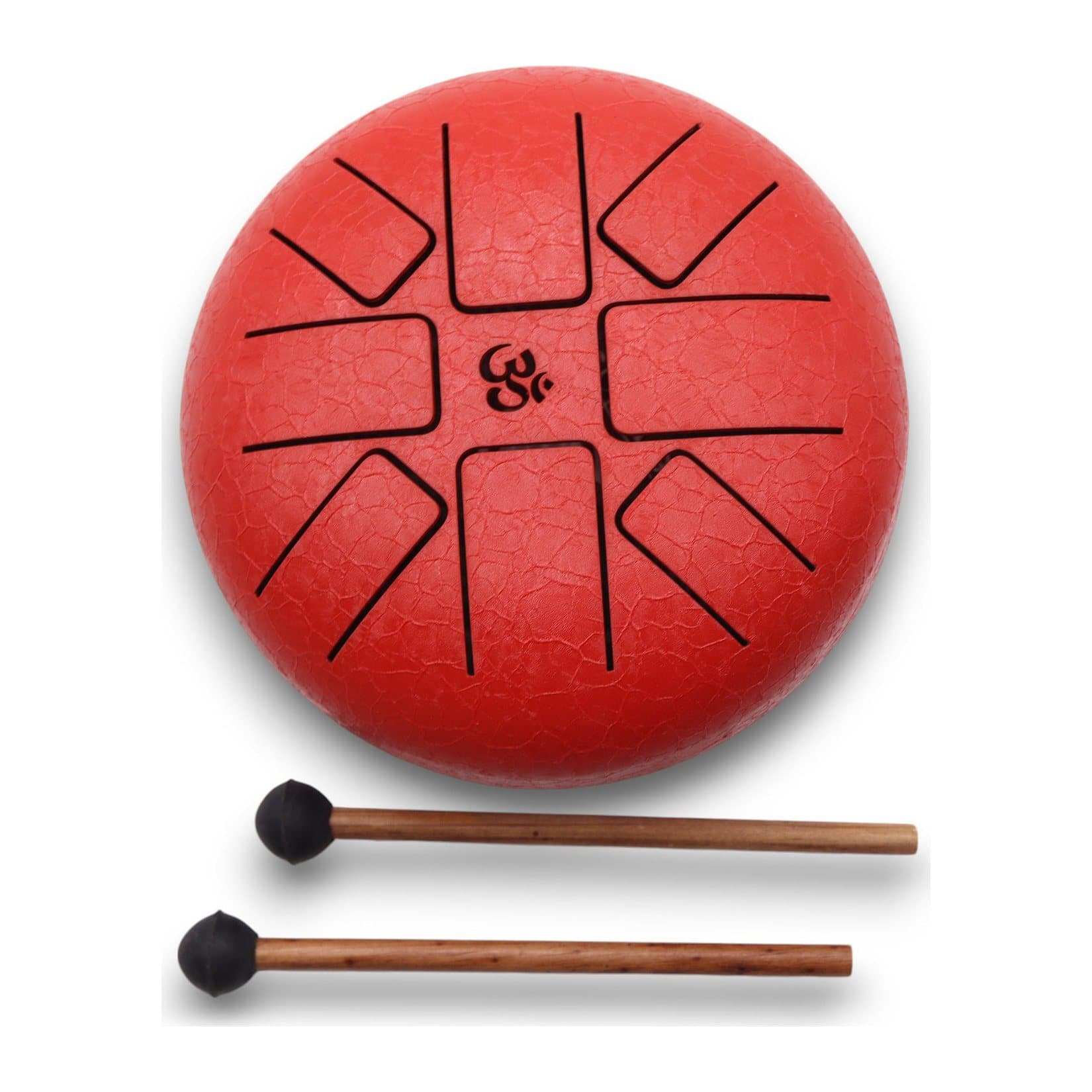 Red steel tongue drum with an engraved Om symbol and mallets