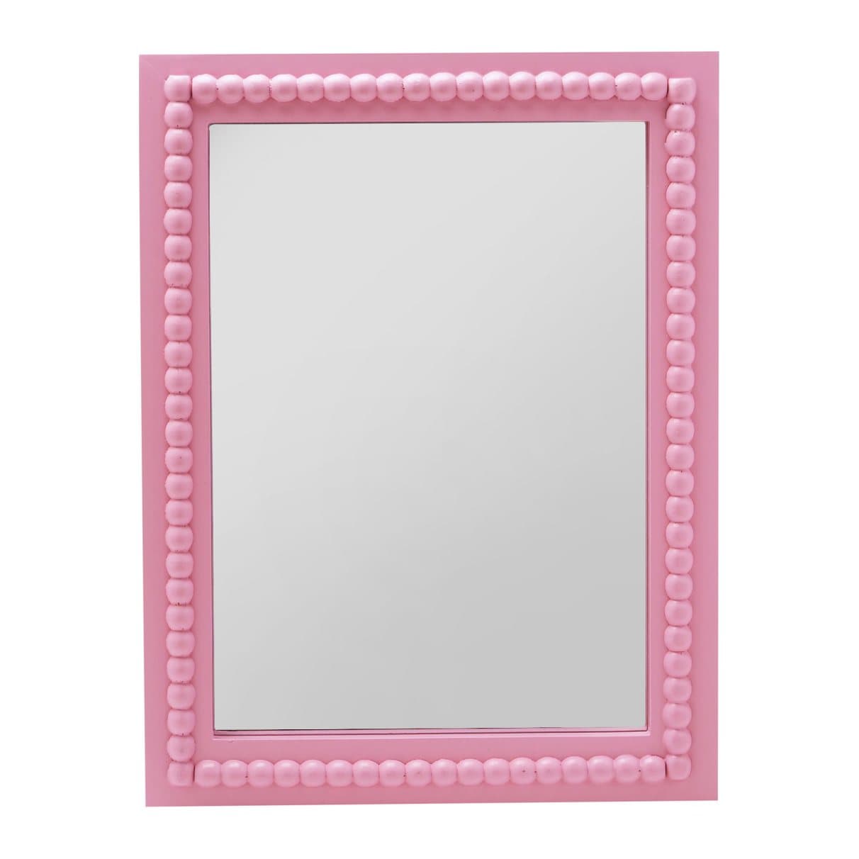 Pink mirror with a vibrant pink frame and beaded border