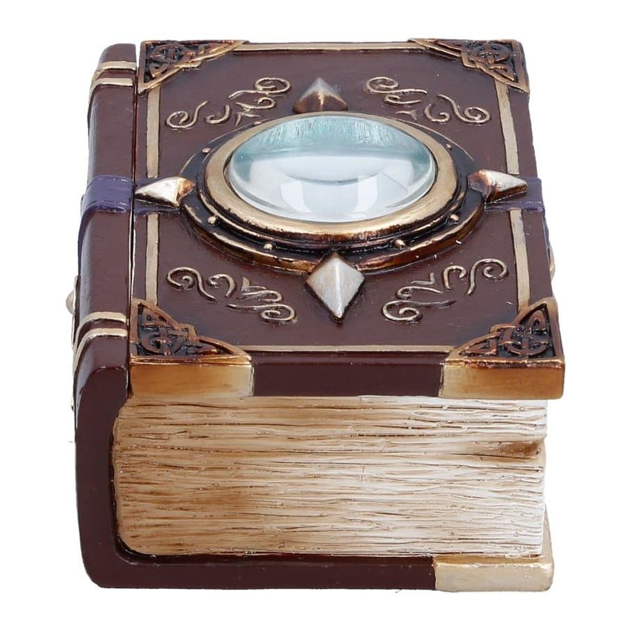 Fantasy book trinket box with a purple buckle and blue eye on the lid