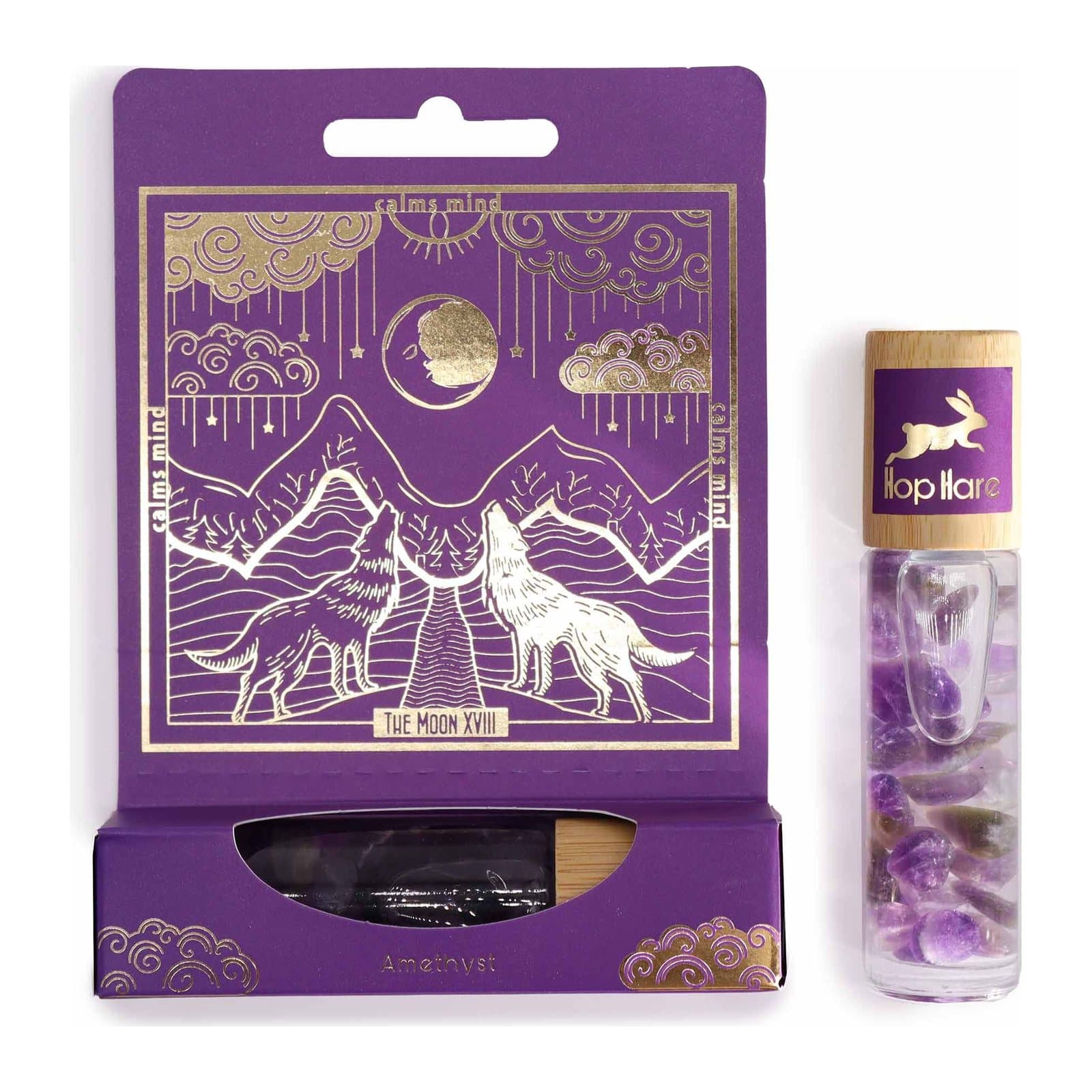 Tarot-inspired essential oil roll-on bottle with a gemstone inside