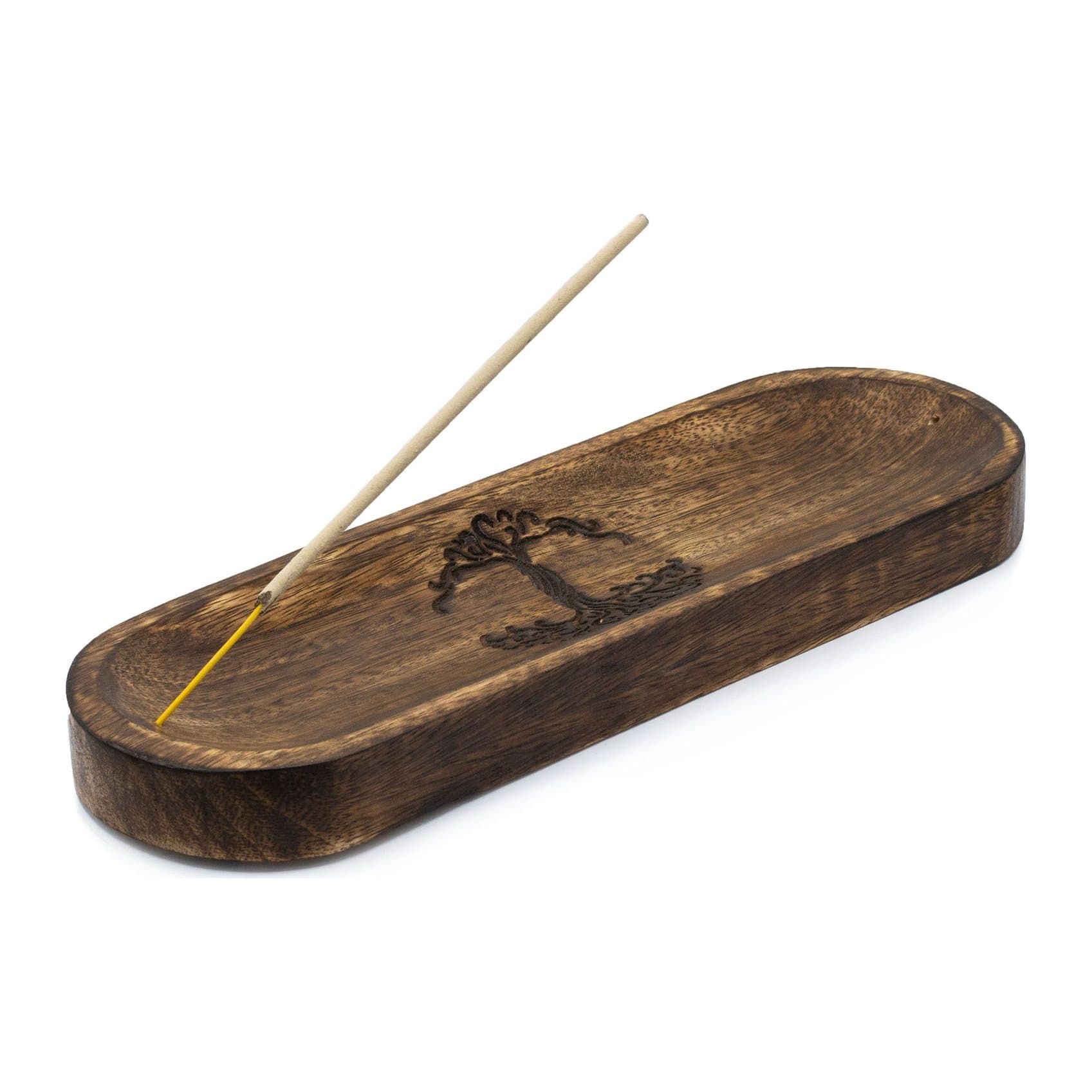 Long mango wood incense tray with a Tree of Life design
