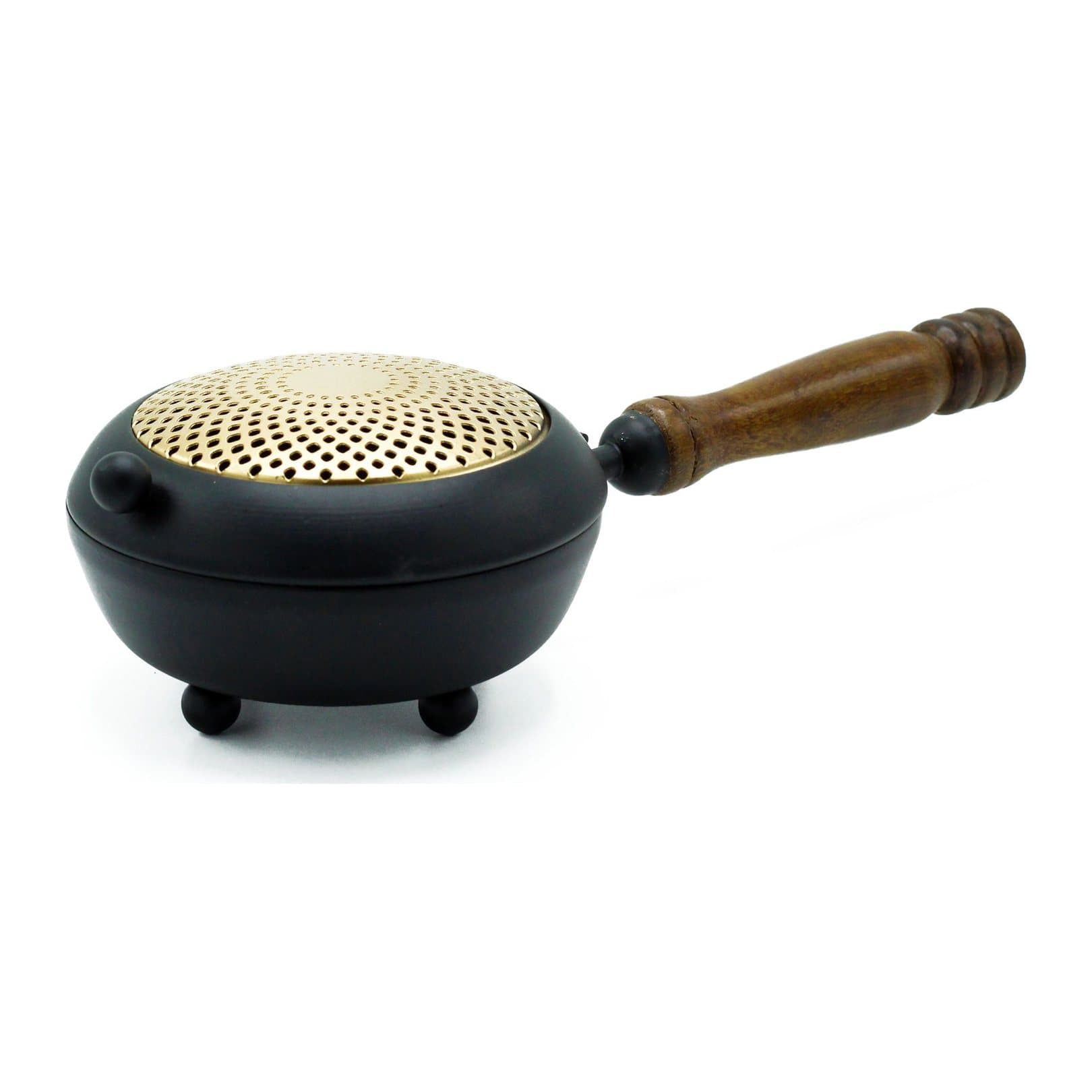 Large black iron censer incense burner with gold detail on a stand