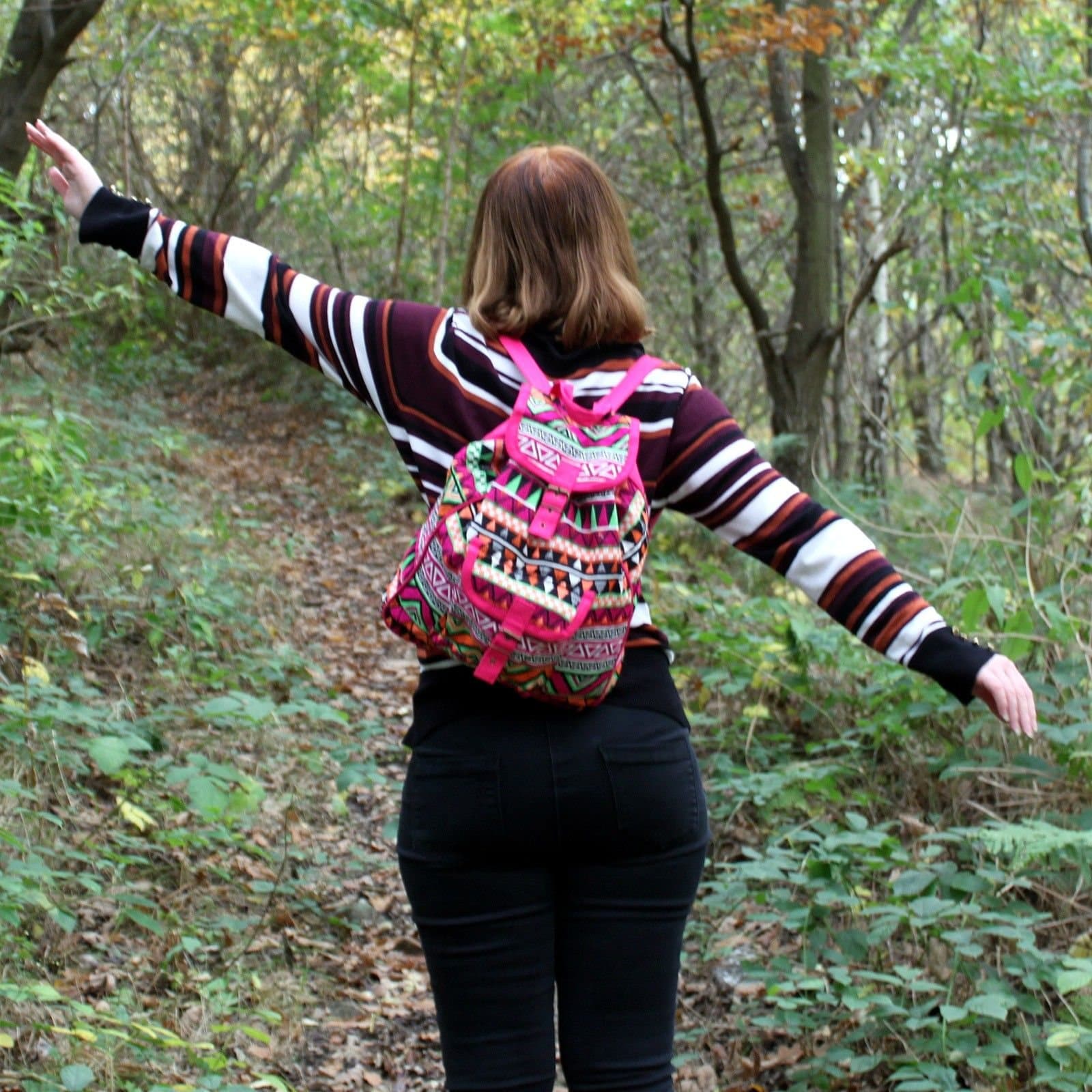 Ethnic jacquard fabric bag in pink, teal or chocolate with zips and pockets