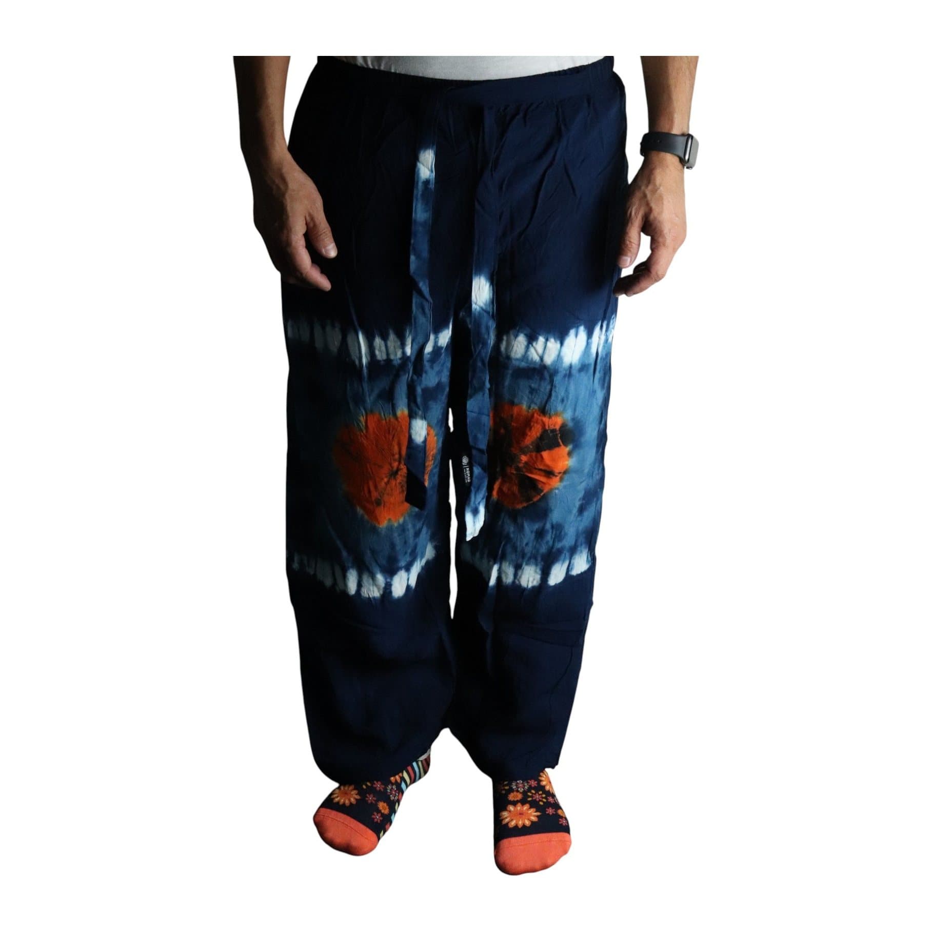 Japanese style lounge pants in orange and blue tie-dye colourways