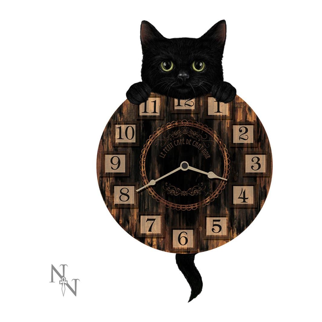 Wooden wall clock with a black kitten on top and its tail as a pendulum