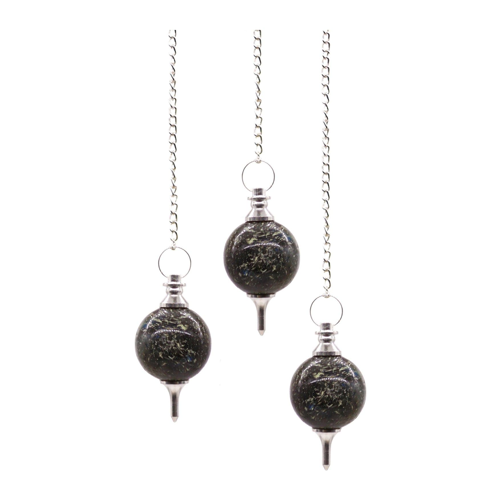 Labradorite sphere pendulum hanging from a silver-coloured chain with a bead