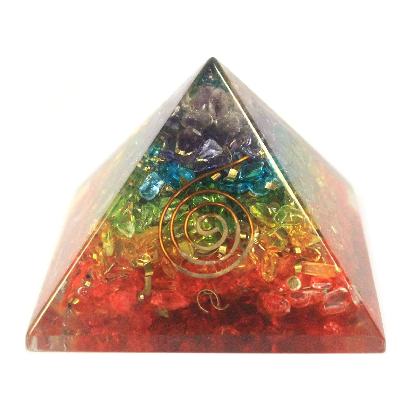 Orgonite pyramid with chakra gemstone chips and copper in resin