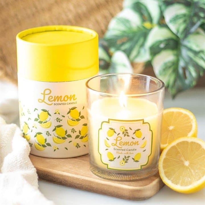 Lemon print glass candle holder with a wooden lid