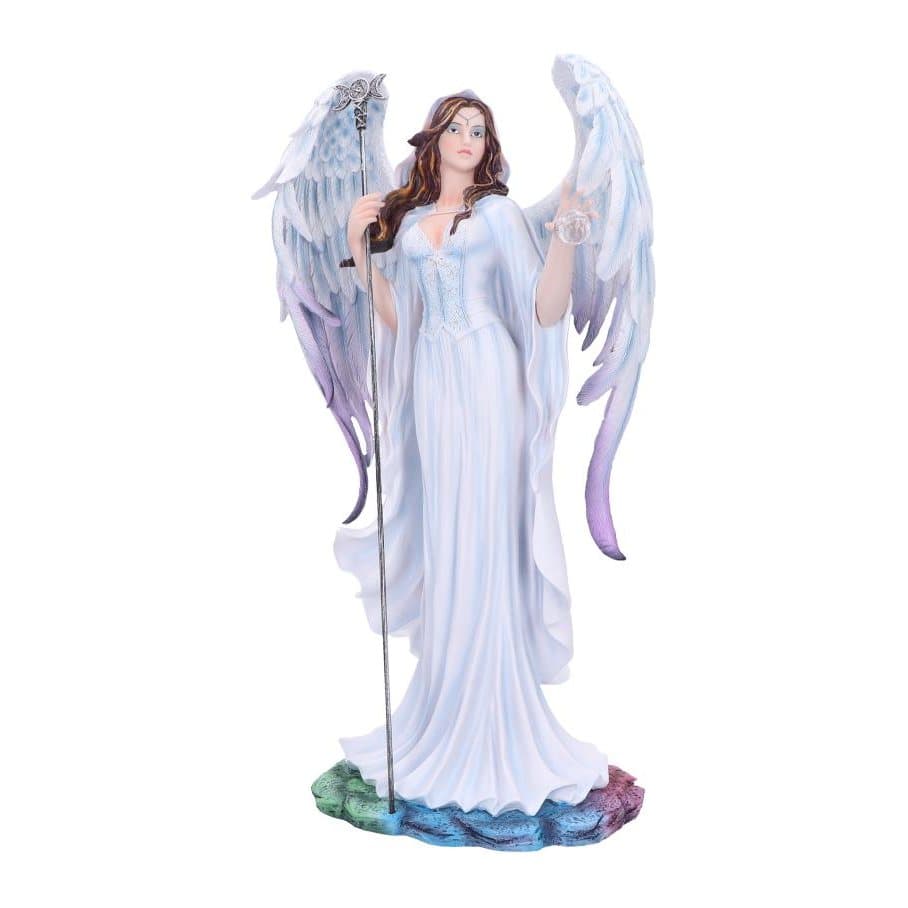 White and silver resin angel with crescent moon staff and rainbow base